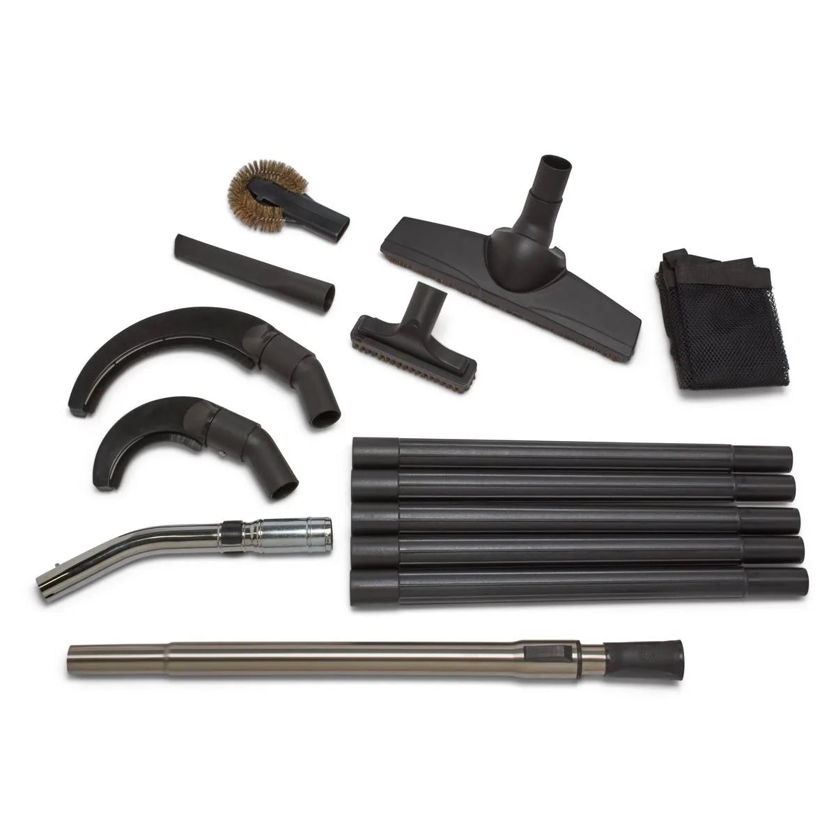 X6004-HU 20 ft high-up kit laid out: extension tubes, curved wands, brushes, cobweb tool, floor tool and carry bag