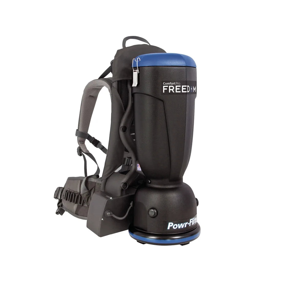 Comfort Pro Freedom CPF6P-1C cordless backpack from the right, with the hip belt and tool holders
