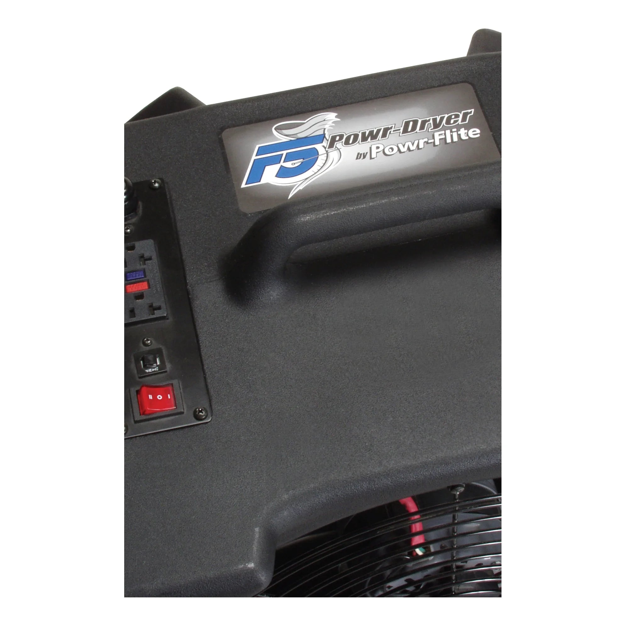 Powr-Flite F5 molded carry handle and side controls, close-up