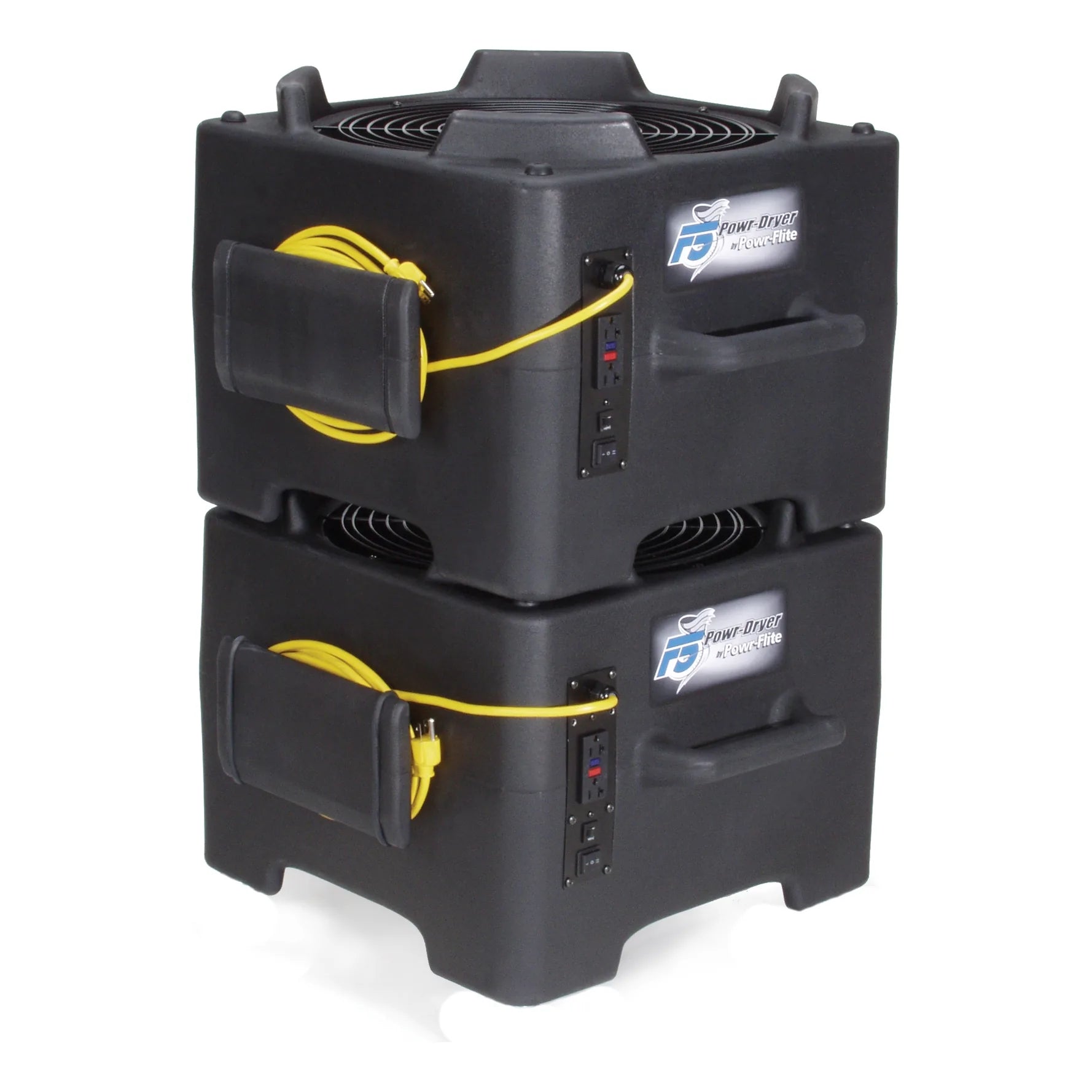 Two Powr-Flite F5 air movers stacked for storage, cords wrapped