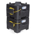 Two Powr-Flite F5 air movers stacked for storage, cords wrapped