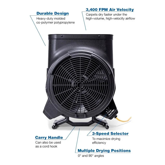 Powr-Flite Hybrid PDH1 standing upright, labeled with durable design, 3,400 FPM air velocity, carry handle, 3-speed selector and drying positions