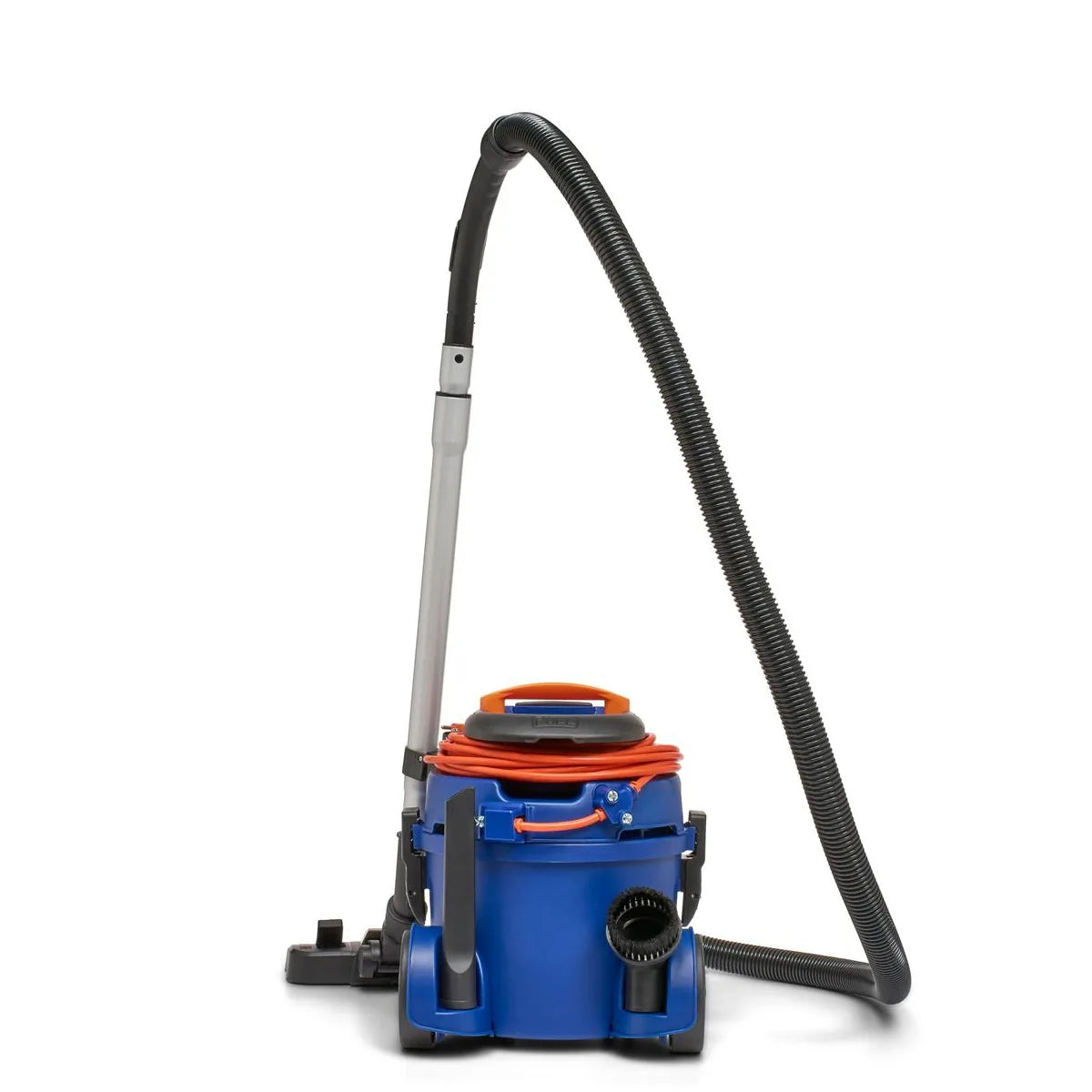 Newton canister vacuum with the wand and floor tool parked upright for storage