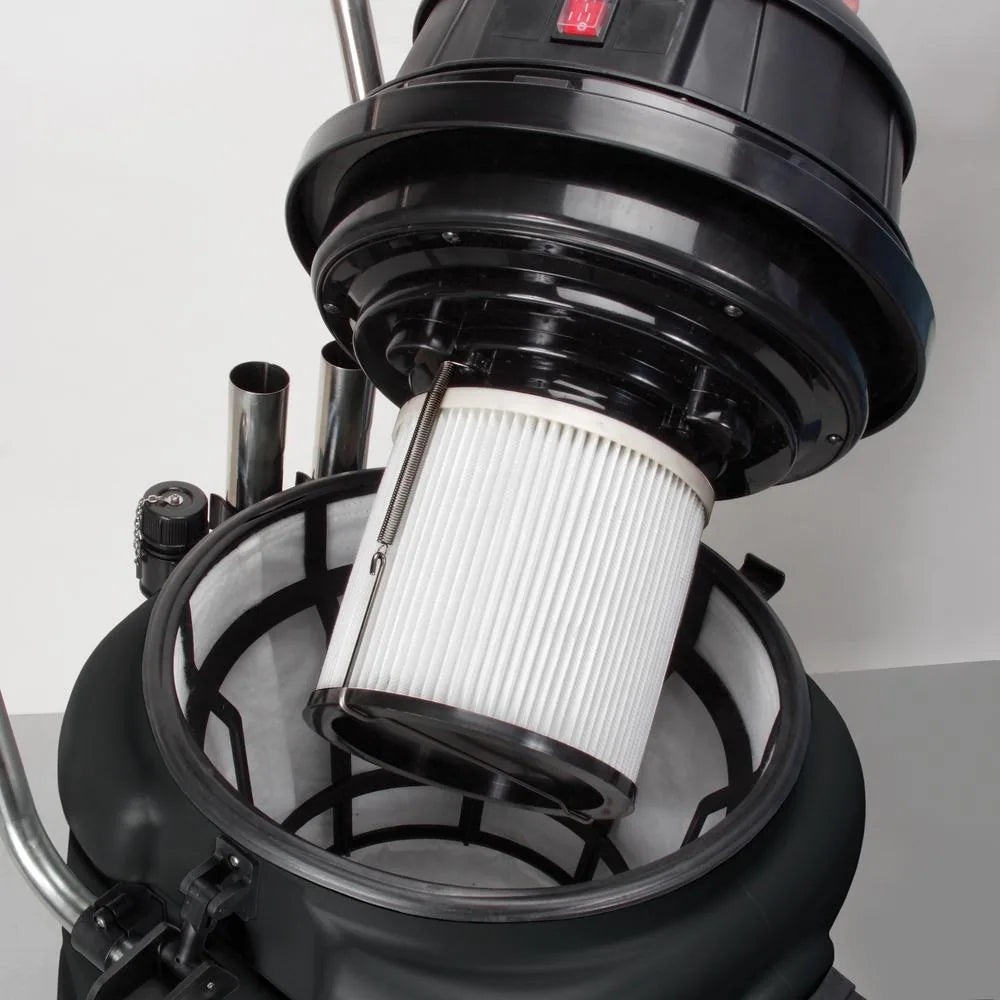 Pleated cartridge filter on the motor head of a Powr-Flite poly wet dry vacuum