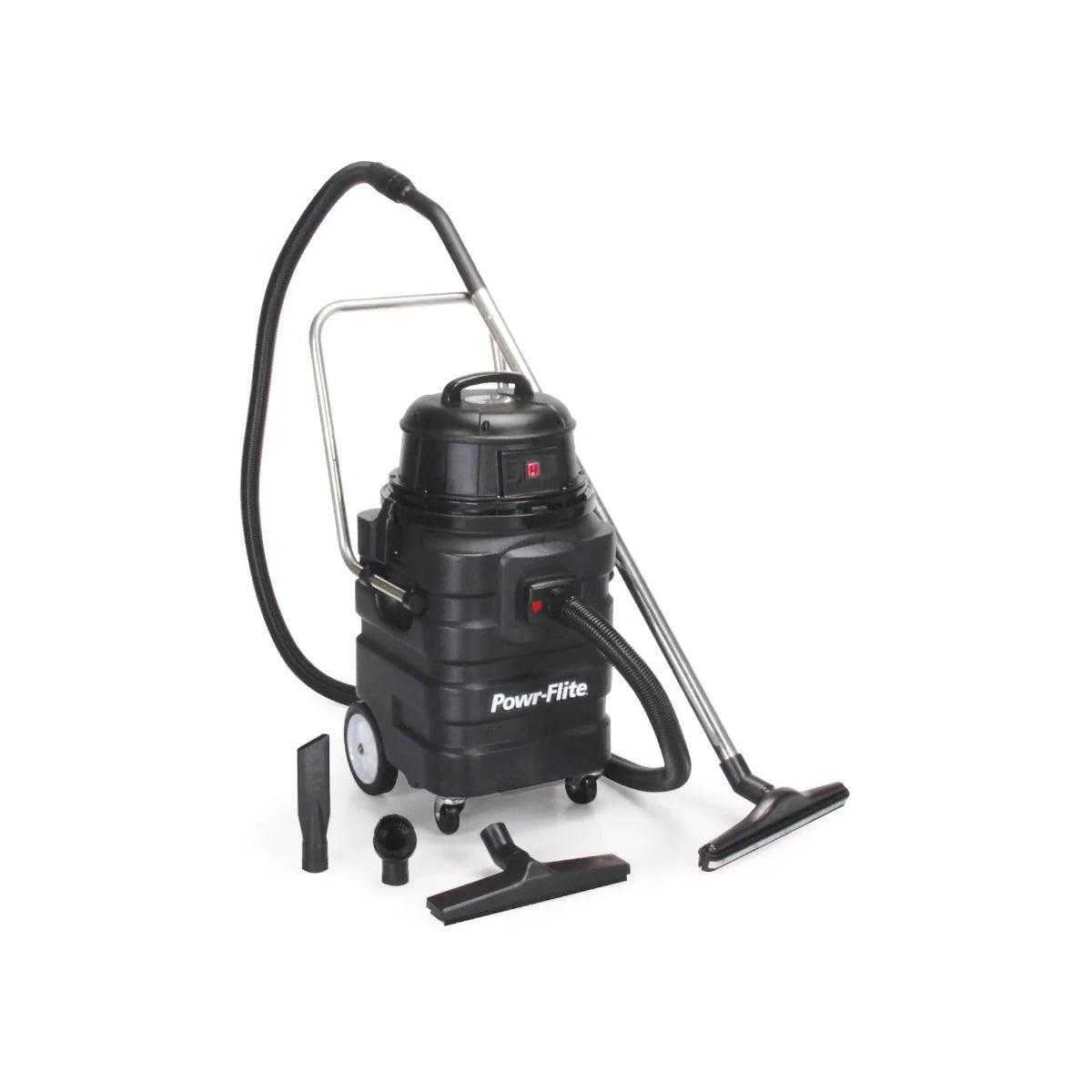 Powr-Flite PF54 15 gallon poly wet dry vacuum with hose, wand and floor tools, front view