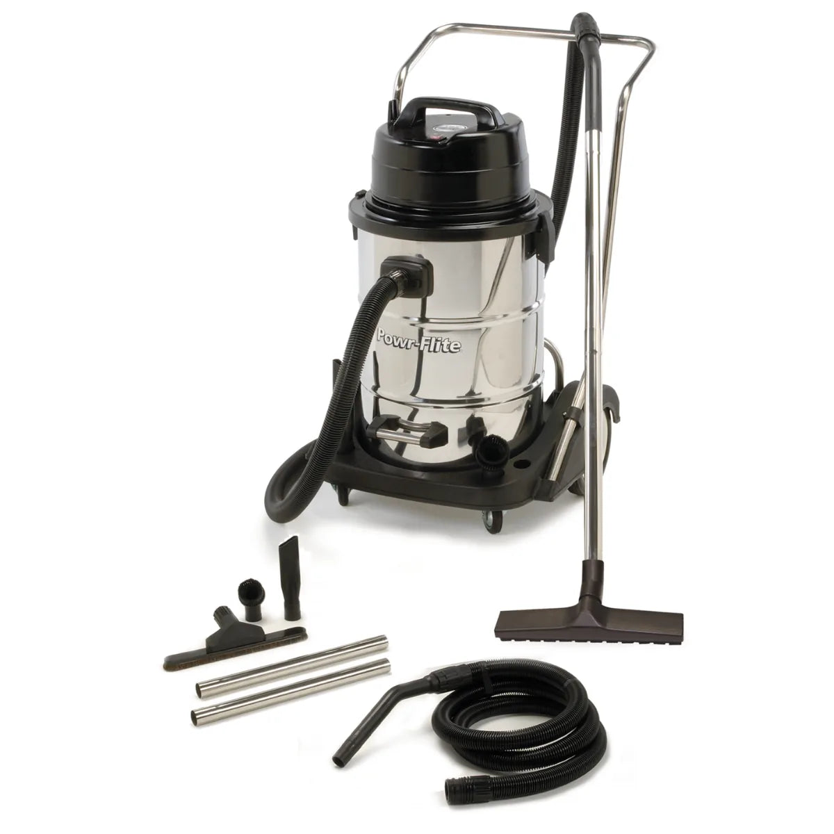 Powr-Flite PF55 20 gallon stainless steel wet dry vacuum with hose, wand and floor tools, front view