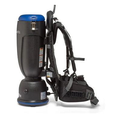 Premium Comfort Pro BP10P backpack vacuum, side view of the canister and harness frame