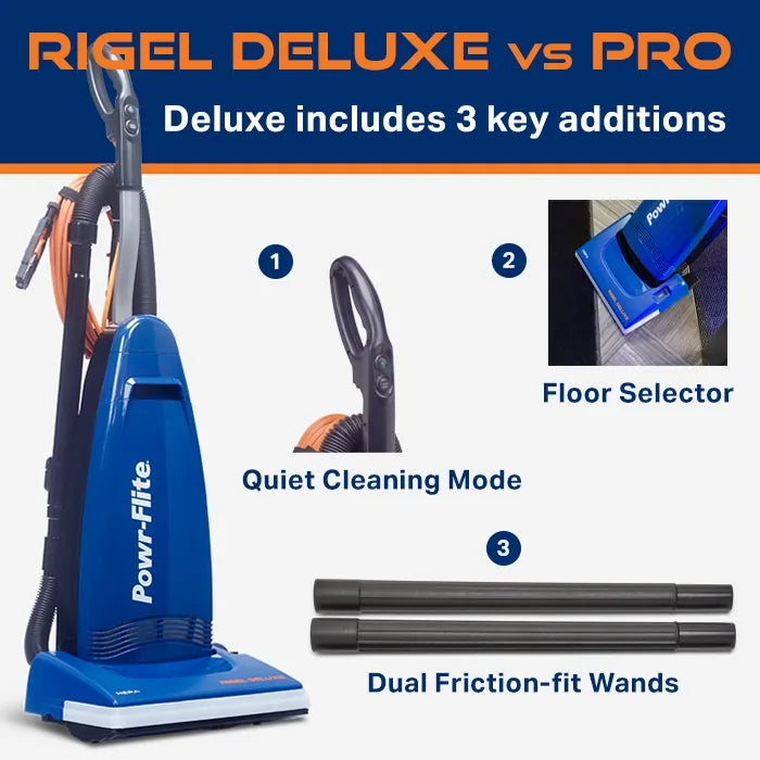 Rigel Deluxe vs Rigel Pro graphic: the Deluxe adds quiet mode, a carpet and floor selector and two friction-fit wands