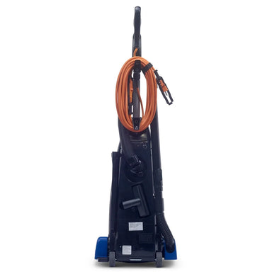 Powr-Flite Rigel Deluxe upright vacuum, rear view with the orange pigtail cord, stretch hose and on-board tools