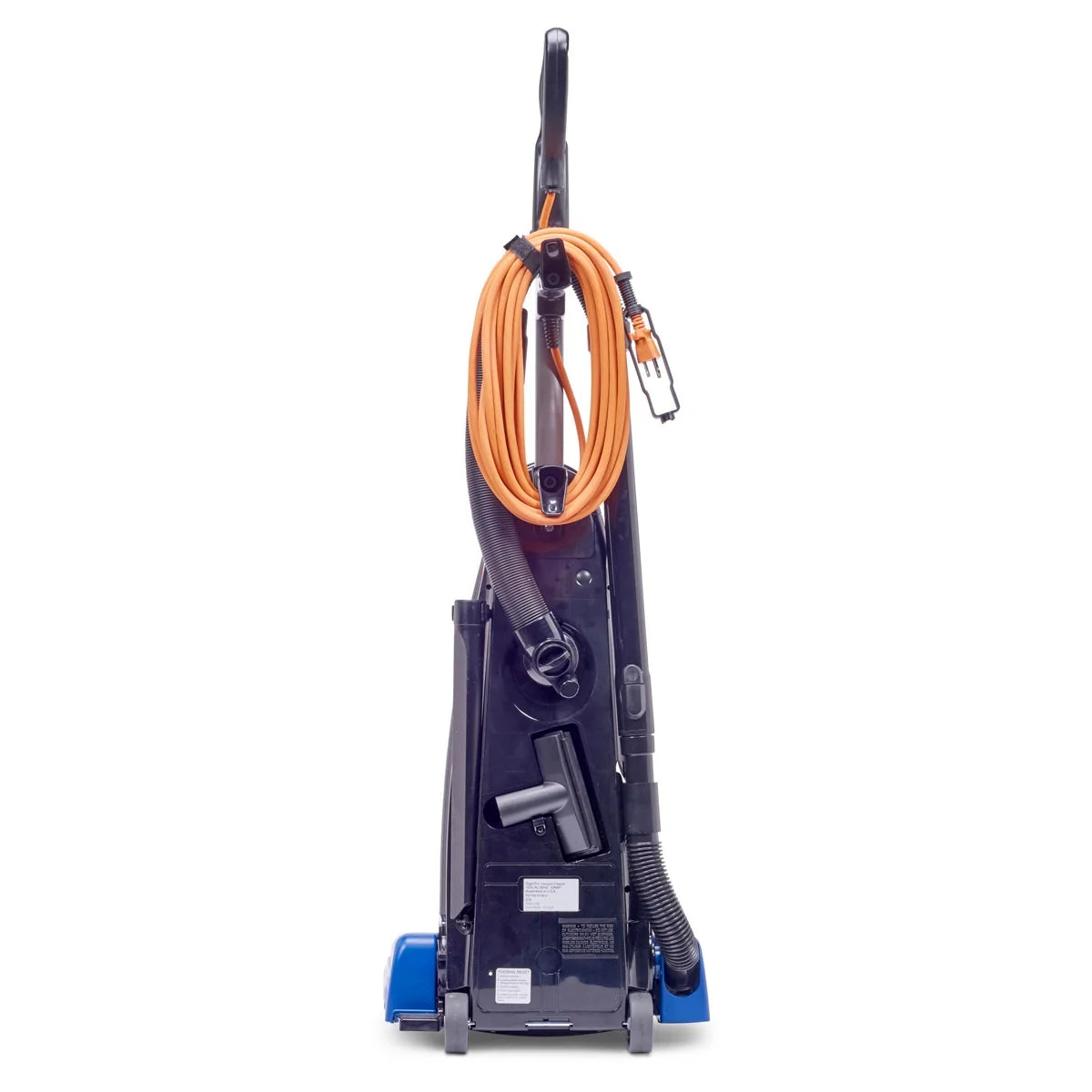 Powr-Flite Rigel Pro upright vacuum, rear view with the stretch hose and on-board tools