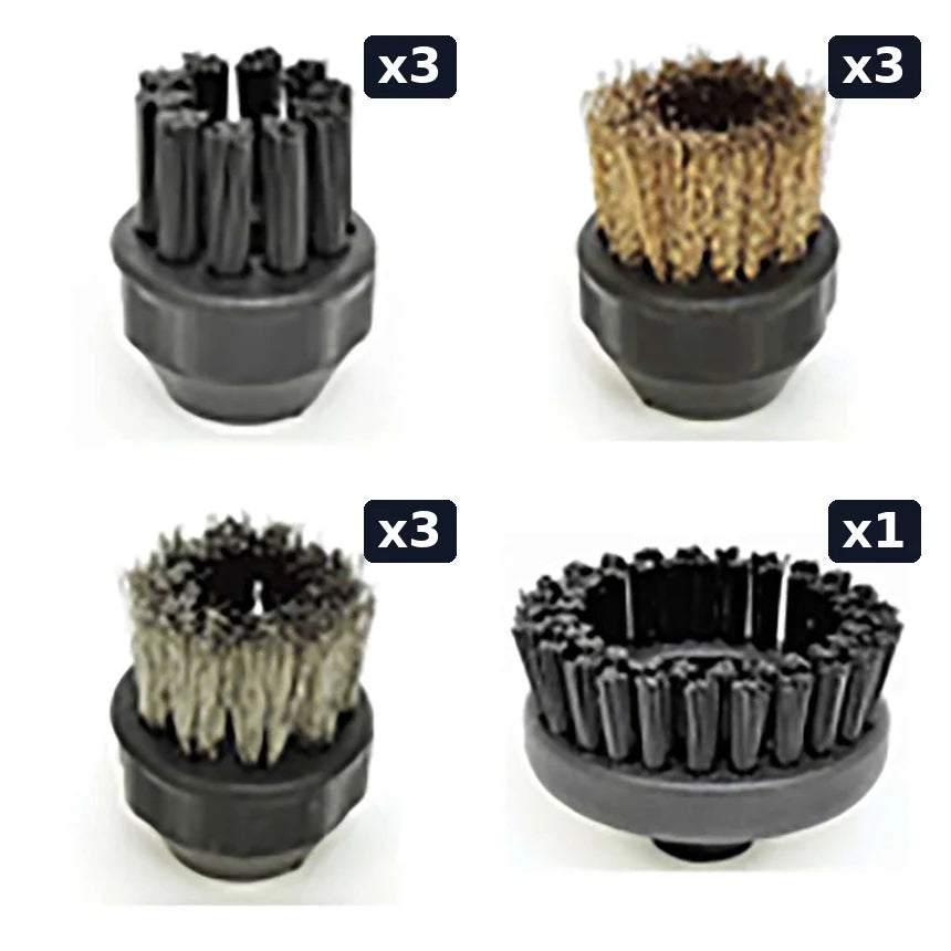 Therma-Steem Industrial 400 factory brush refill set: three each 1-inch nylon, brass and stainless steel screw-on brushes plus one 2-1/2 inch nylon brush