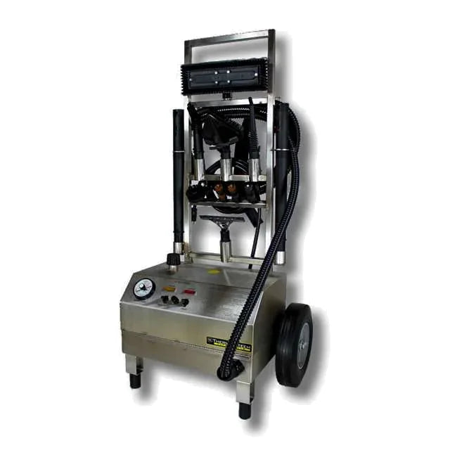 Therma-Kleen Therma-Steem #10 dry vapor steam cleaner, stainless steel body on 10-inch wheels with the removable handle and steam hose
