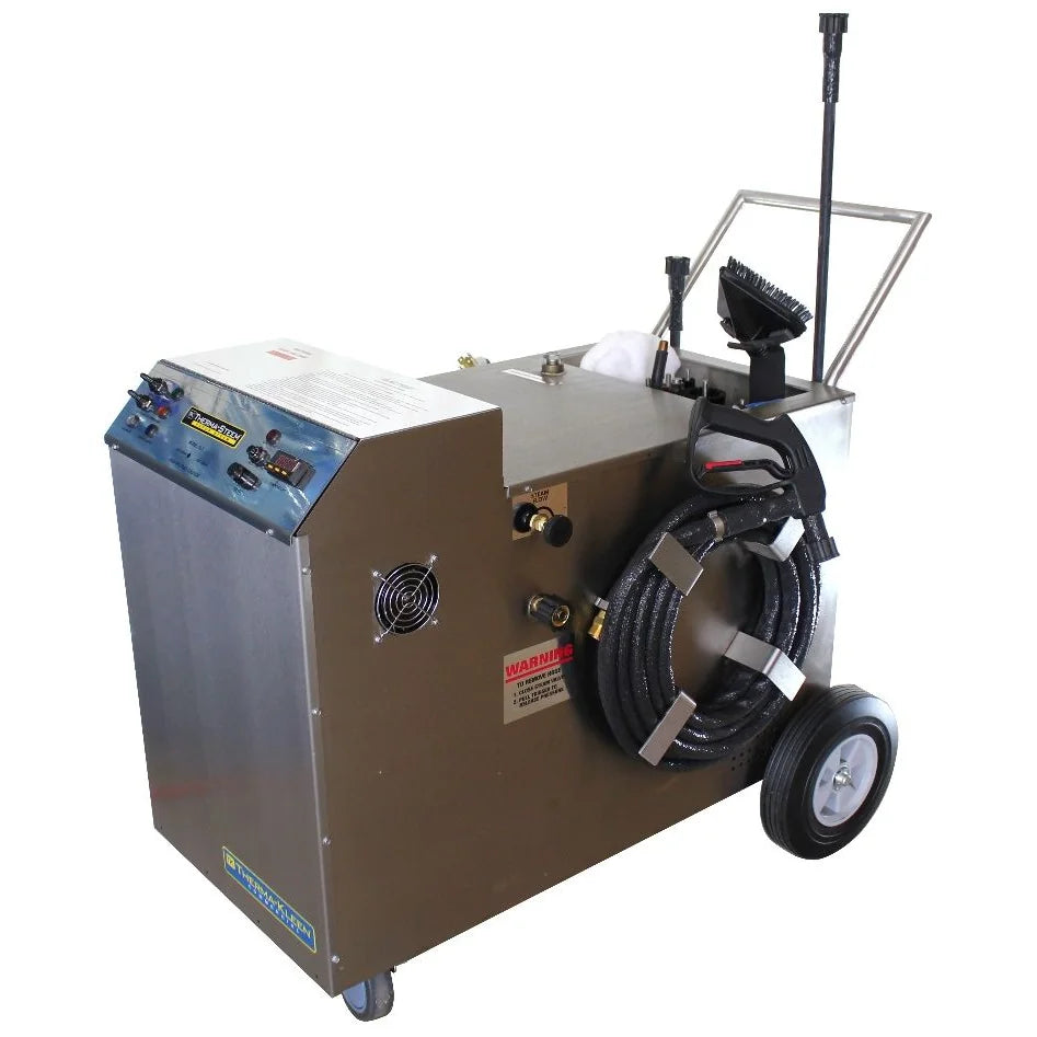 Therma-Kleen Therma-Steem Industrial XL Series dry vapor steam cleaner, stainless steel cabinet with control panel, hose reel, 10-inch wheels and handle