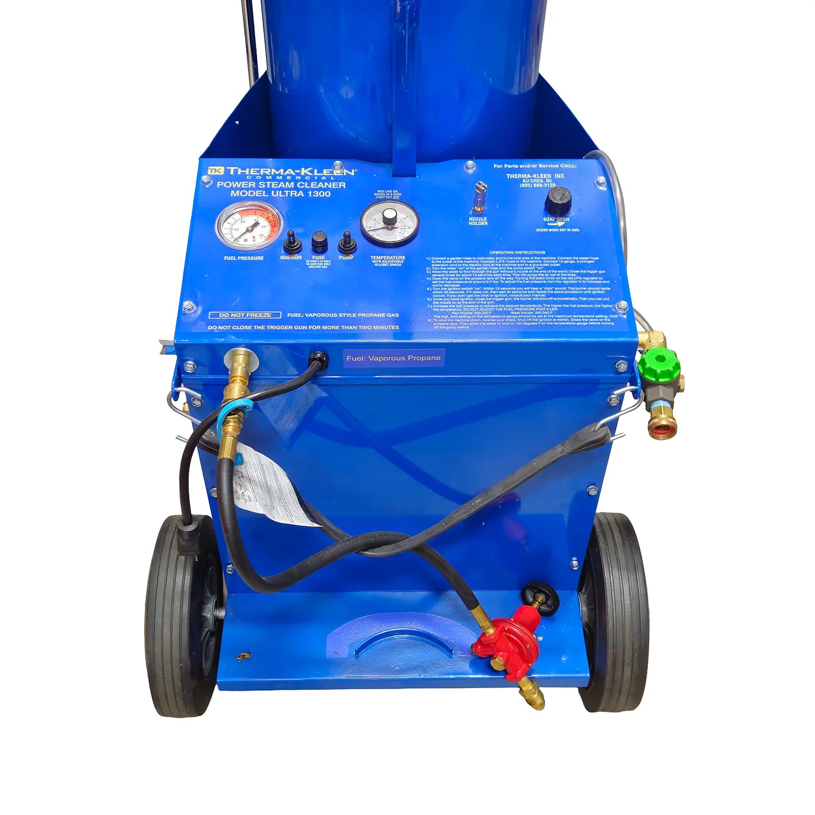 Therma-Kleen Ultra 1300 control panel with fuel pressure gauge, temperature control, pump and ignition switches, and the propane quick connect and regulator below