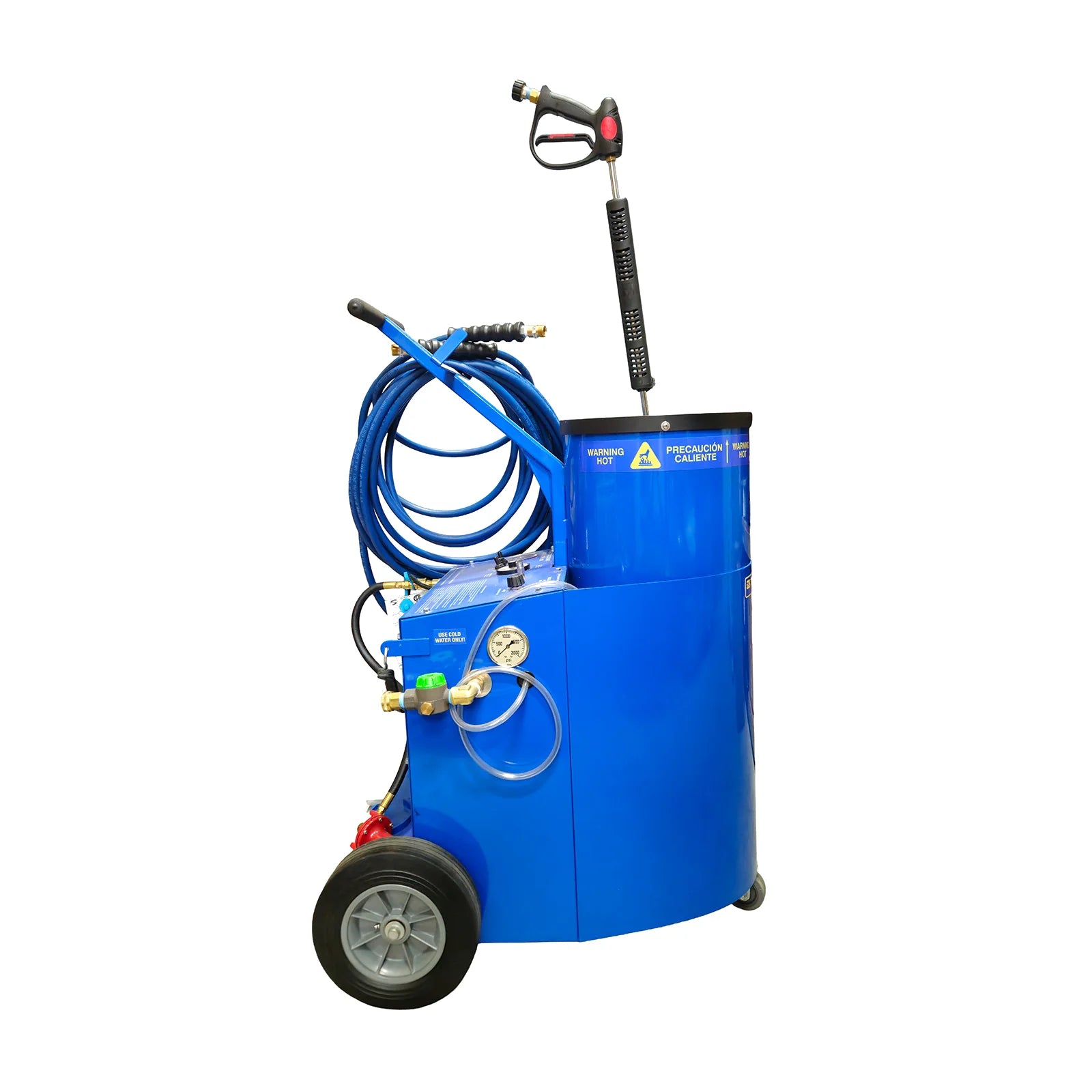 Therma-Kleen Ultra 1300 propane high-pressure steam cleaner in blue powder coat, front left view with the steam hose coiled on the handle and the trigger gun wand upright