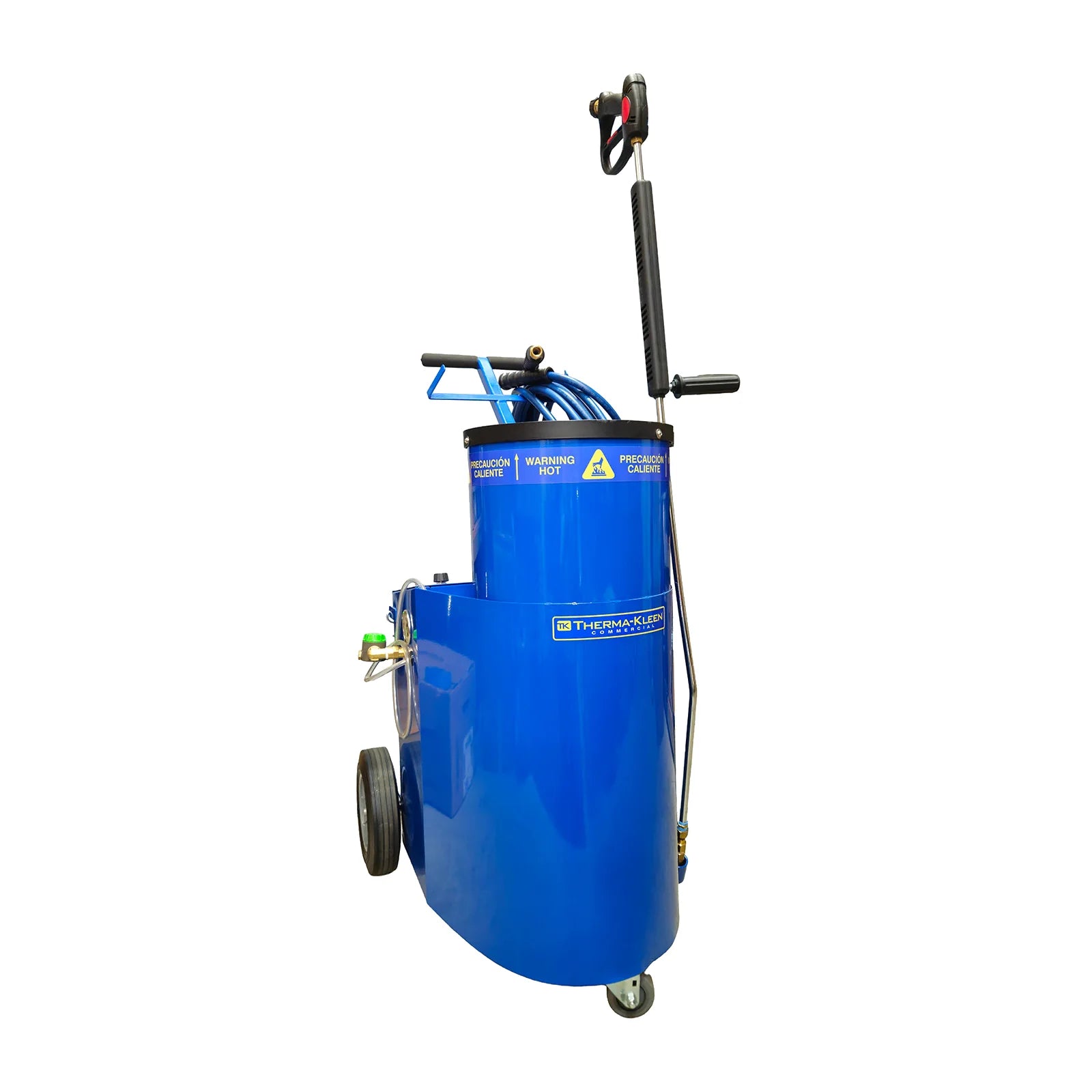 Therma-Kleen Ultra 1300 propane high-pressure steam cleaner in blue powder coat, side view with the 4-foot wand and trigger gun standing in its holder