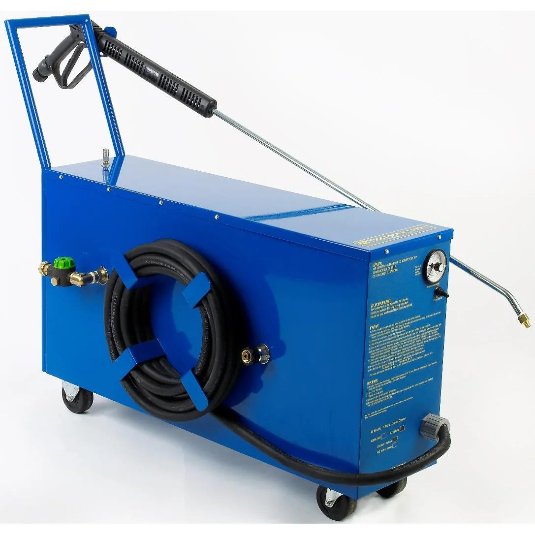 Therma-Kleen Ultra electric steam cleaner in blue powder coat with the 4 ft wand and trigger gun, the steam hose coiled on its holder and the garden hose inlet