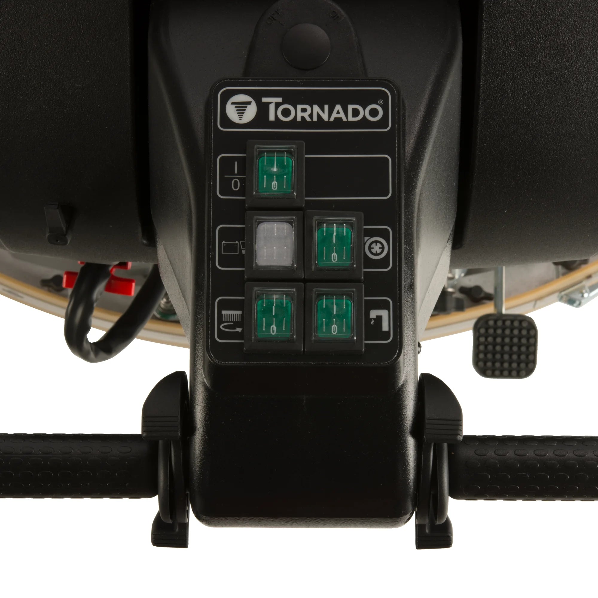 Close-up of the Tornado BD 20/11LT traction-drive walk-behind scrubber control panel