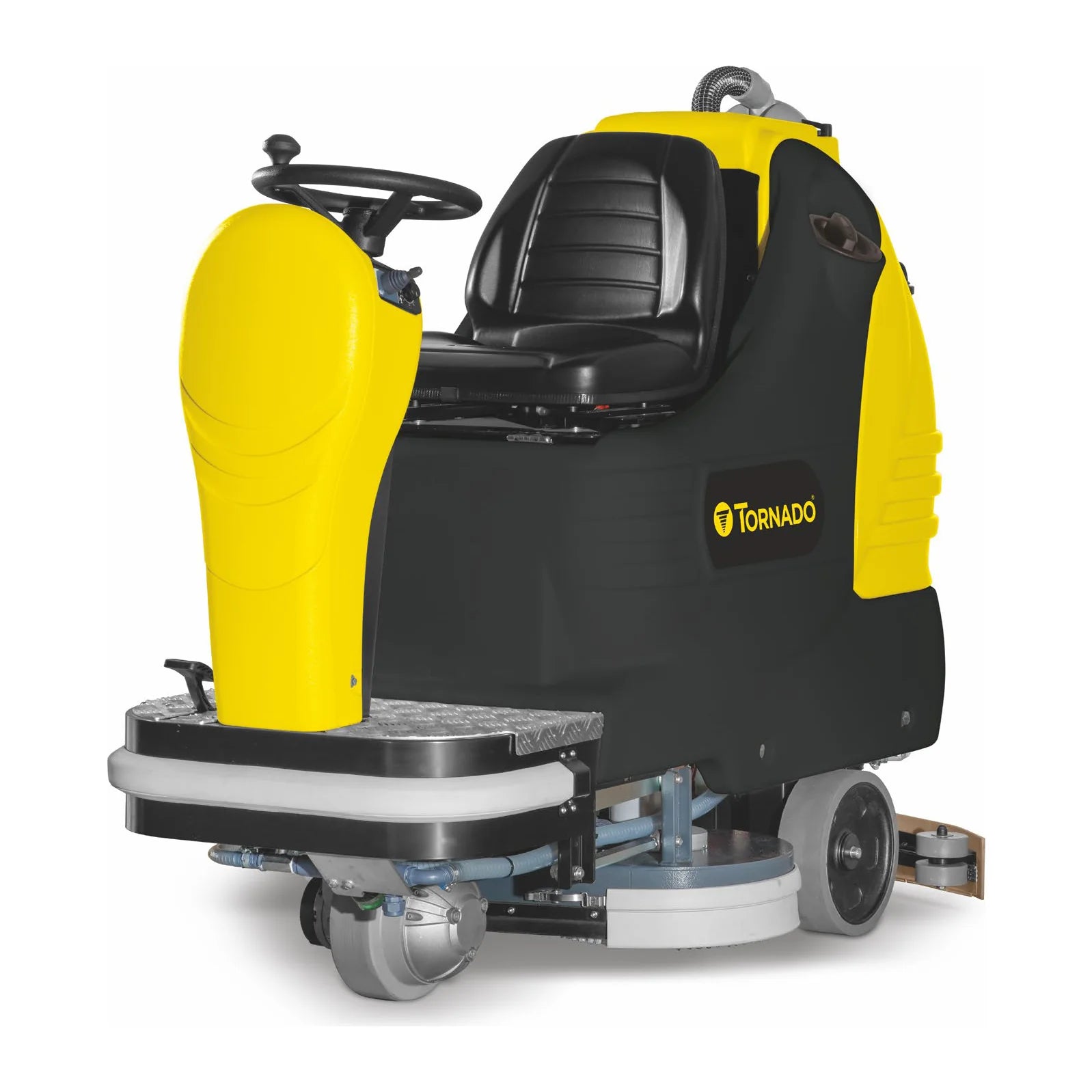 Tornado BD 28/27 ride-on disk floor scrubber, front left angle view on white, showing the steering column, seat and 27 inch disk deck