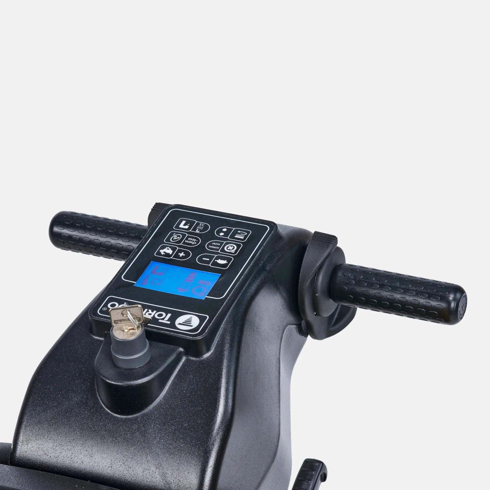 Close-up of the Tornado BD 30/20 handle, key switch and control panel with display