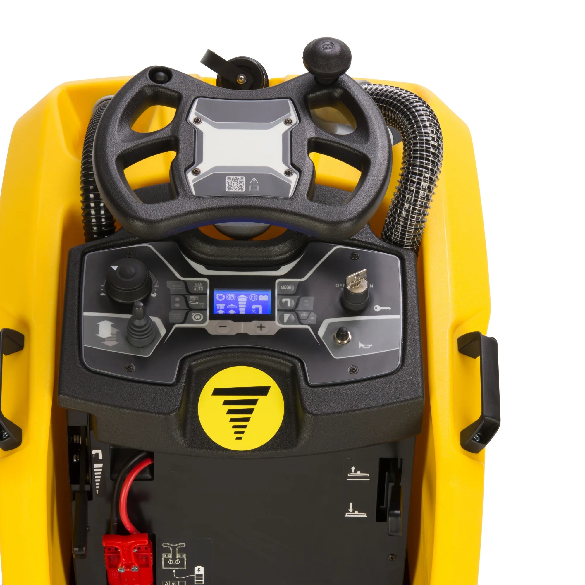 Close-up of the Tornado BDSO 20/21 stand-on scrubber steering wheel and control panel