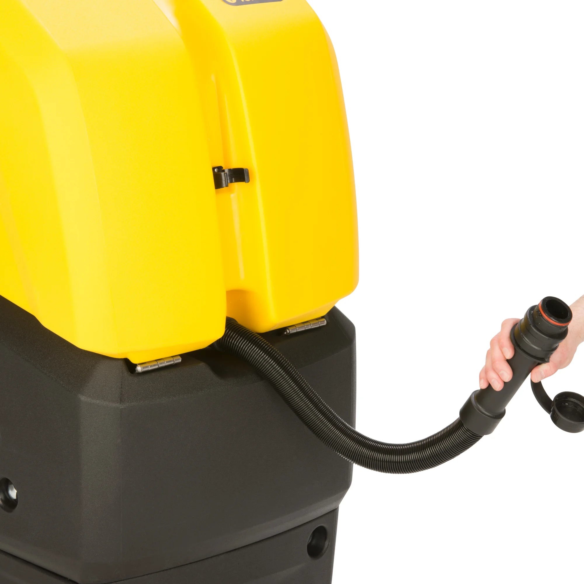 Draining the Tornado BDSO 20/21 stand-on scrubber recovery tank with the drain hose