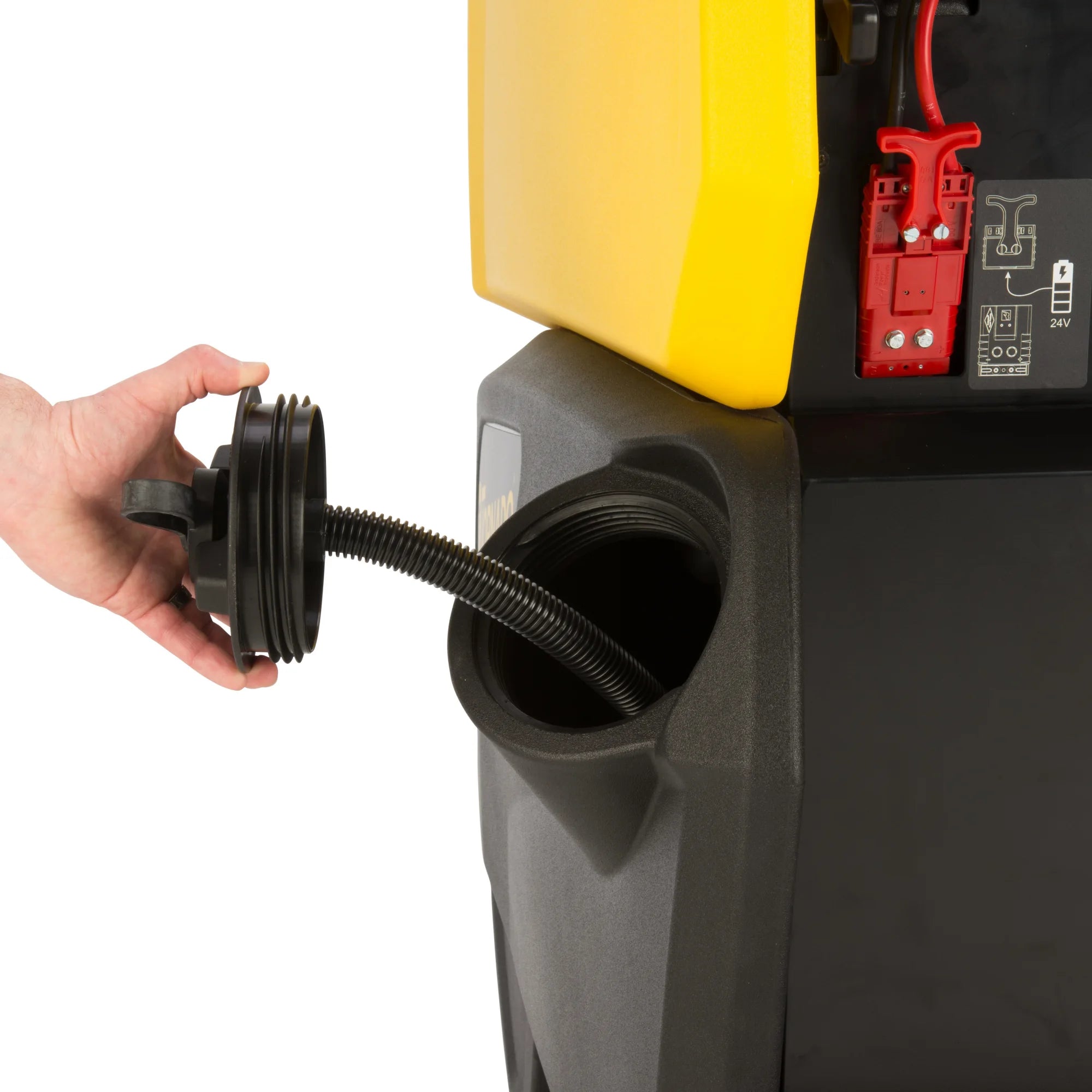 Filling the Tornado BDSO 20/21 stand-on scrubber solution tank through the fill cap