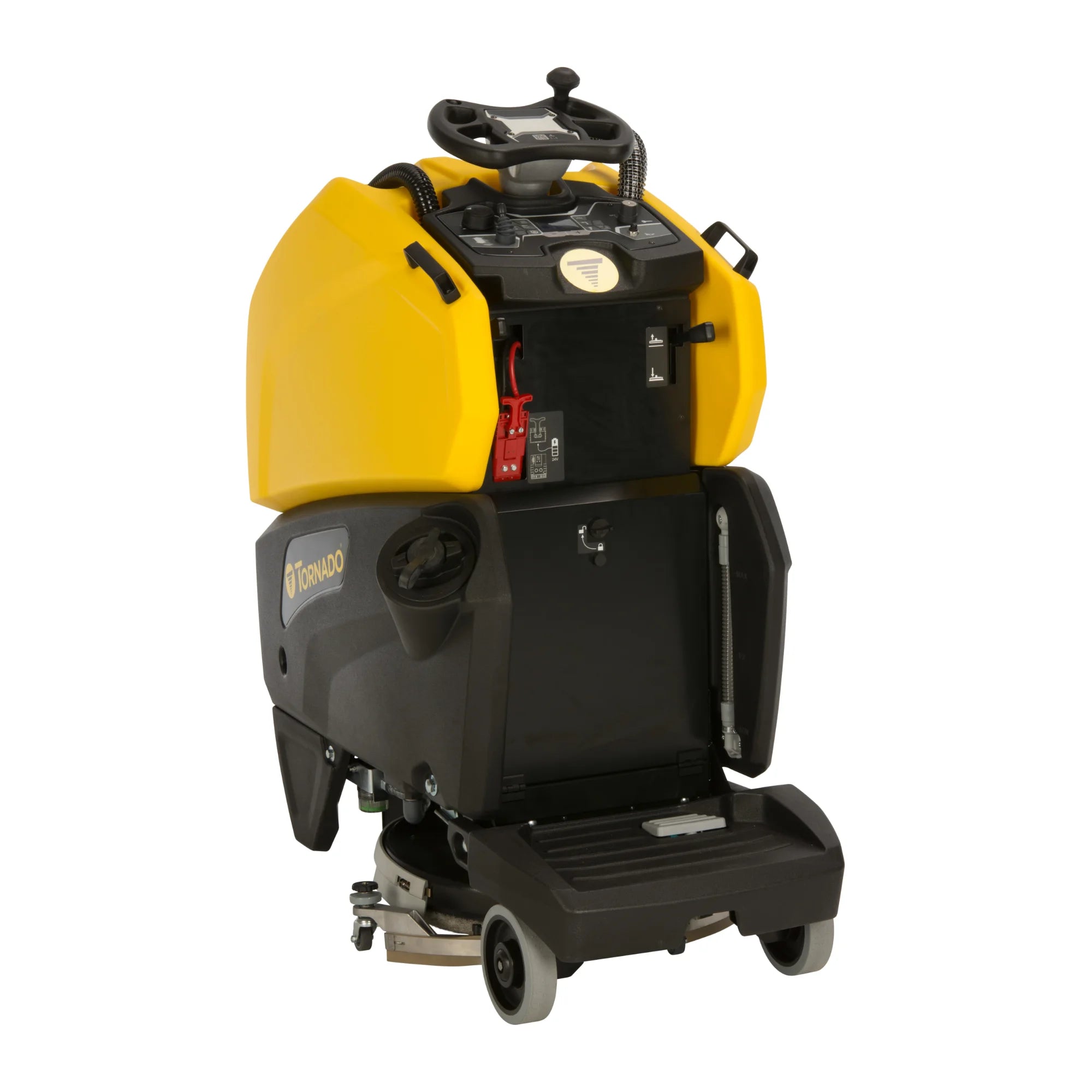 Tornado BDSO 20/21 stand-on scrubber, rear left angle view showing the operator platform