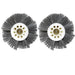 Two Tornado 90081 Tynex escalator brushes seen end on, dark gray abrasive bristles around white cores