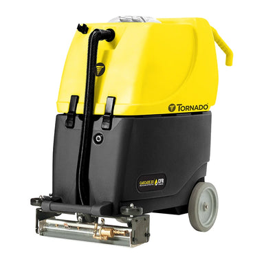 Tornado Cascade 20 self-propelled recycling carpet extractor with its 20 inch cleaning head and vacuum hose, angle view on white