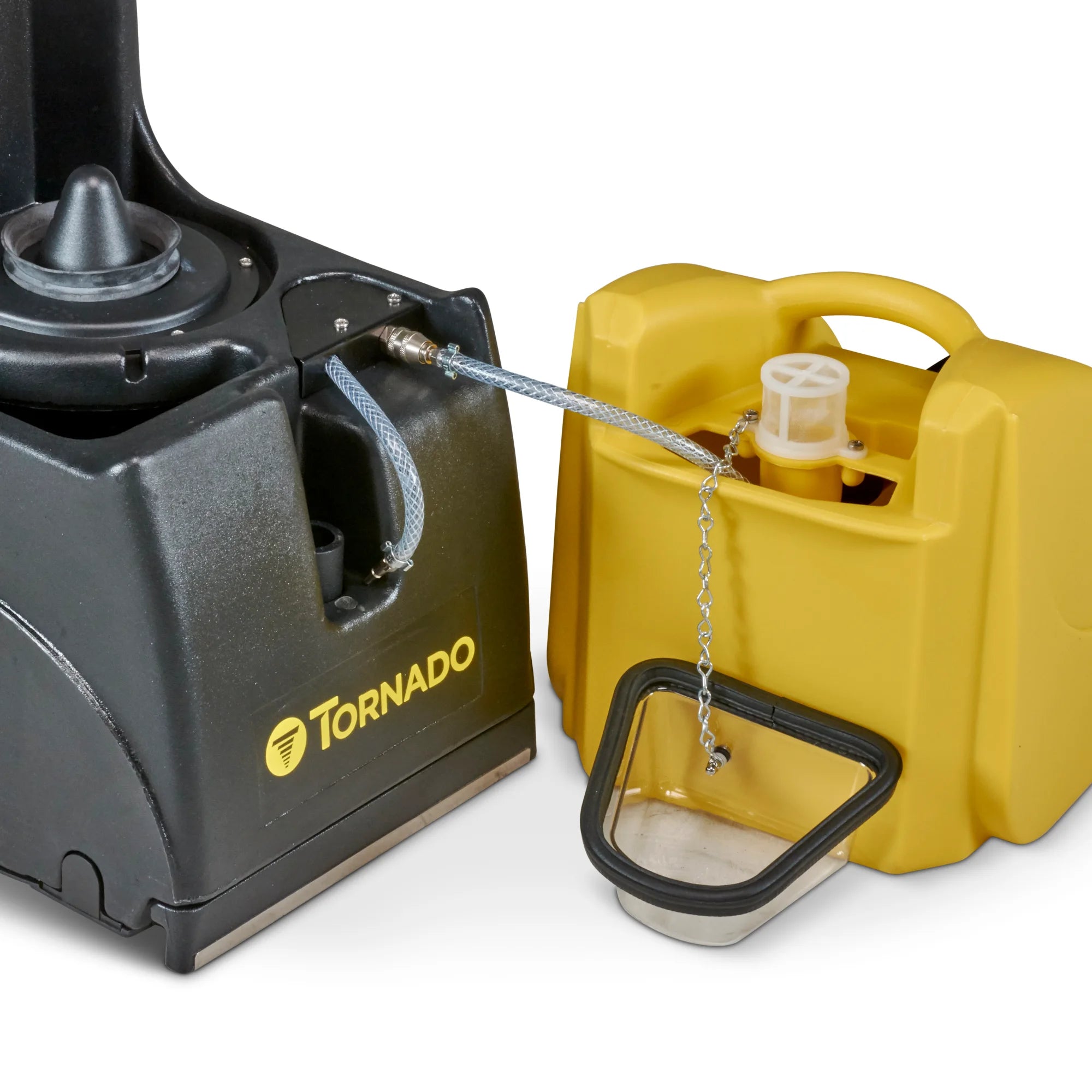 Tornado Mini-Marathon 370 carpet extractor with the solution tank lifted out, showing its filter and hose connection