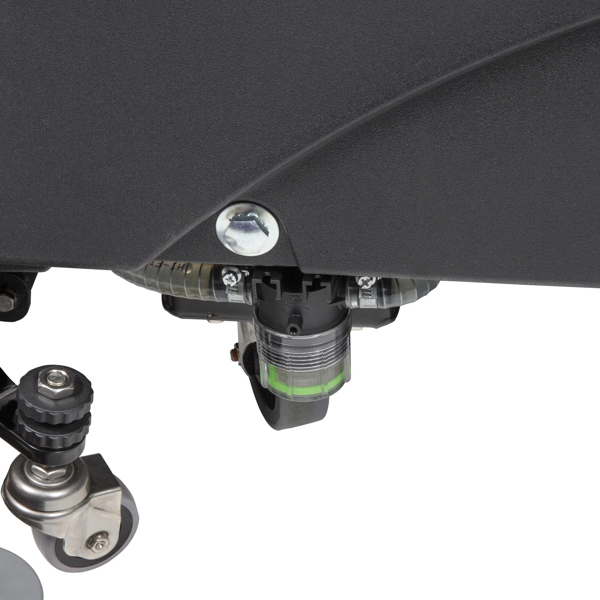 Close-up of the inline solution filter and valve under the tank of the Tornado OB 28/20 orbital walk-behind scrubber