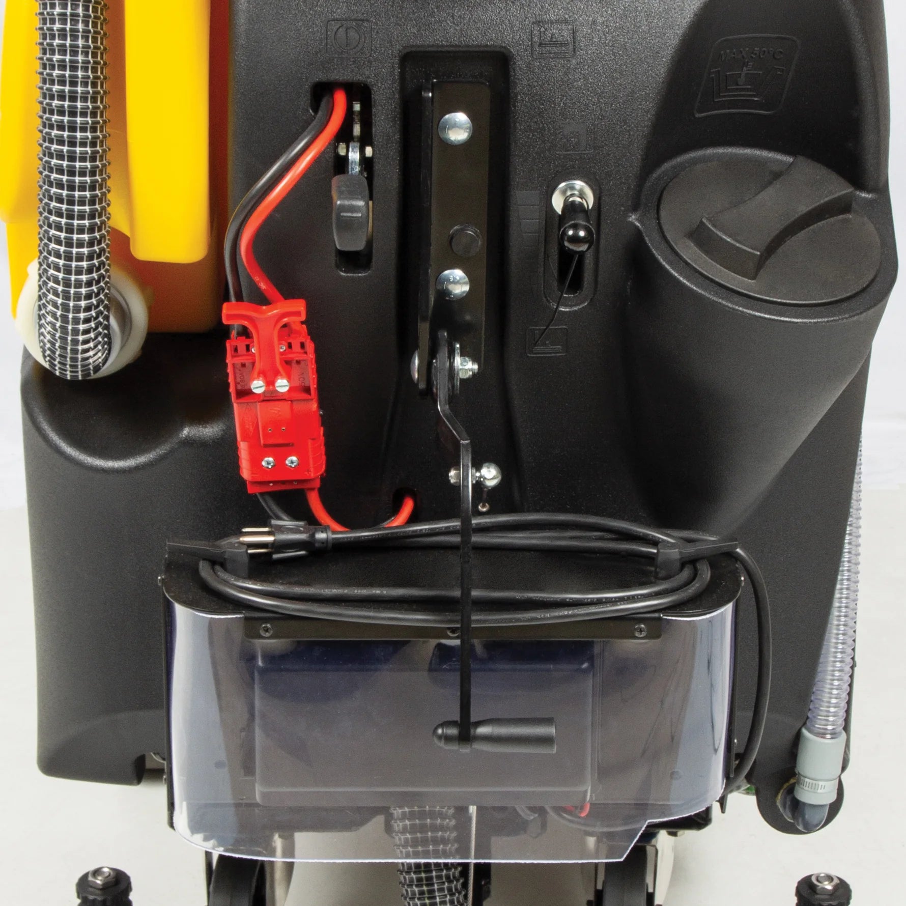 Onboard battery charger and battery connector at the rear of the Tornado OB 28/20 orbital walk-behind scrubber