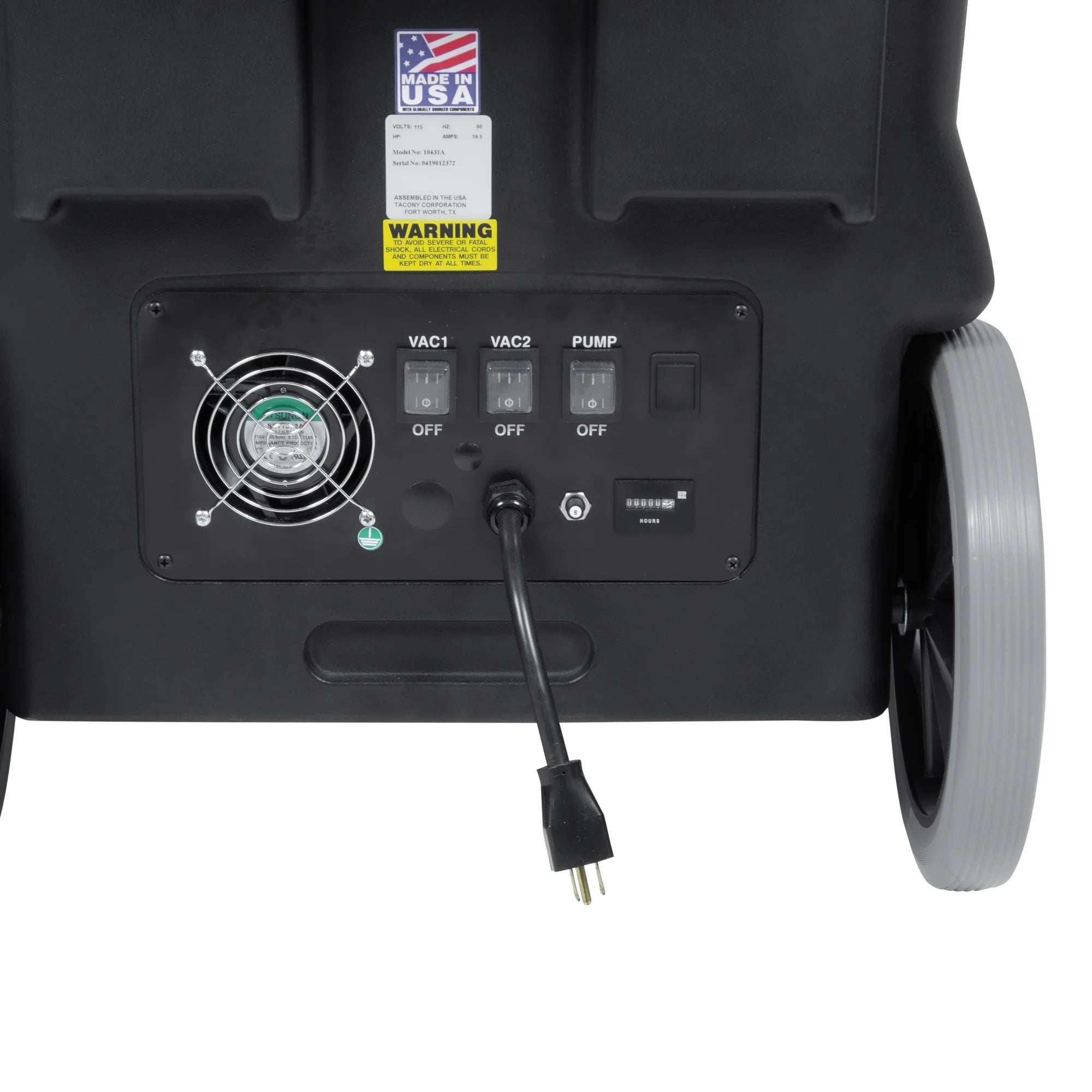 Close-up of the switches and gauges on the rear panel of the Tornado Pro 500 recycling carpet extractor