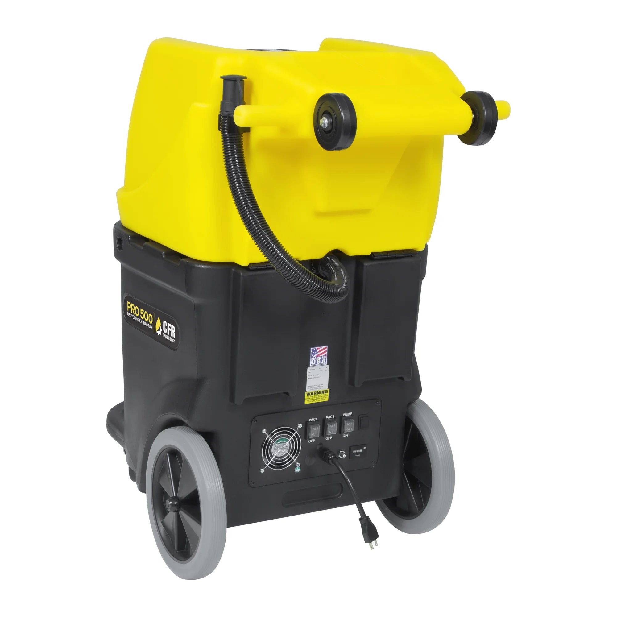Tornado Pro 500 recycling carpet extractor, rear left angle view showing the rear control panel