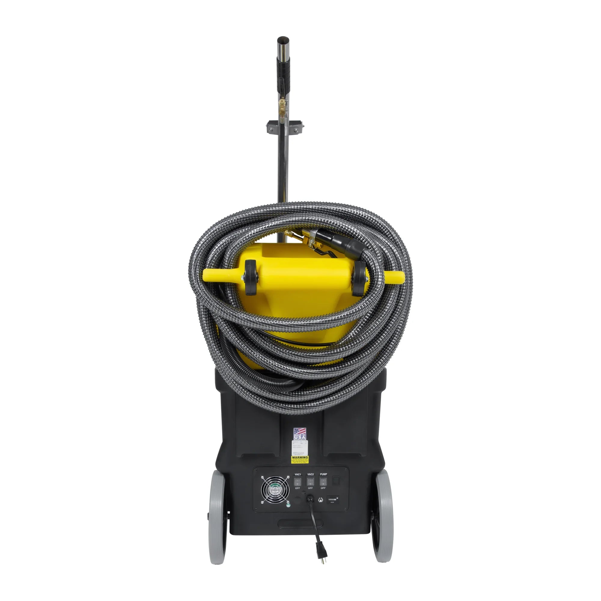 Tornado Pro 500 recycling carpet extractor rear view with the hose coiled and the wand stored, as supplied in the kitted versions
