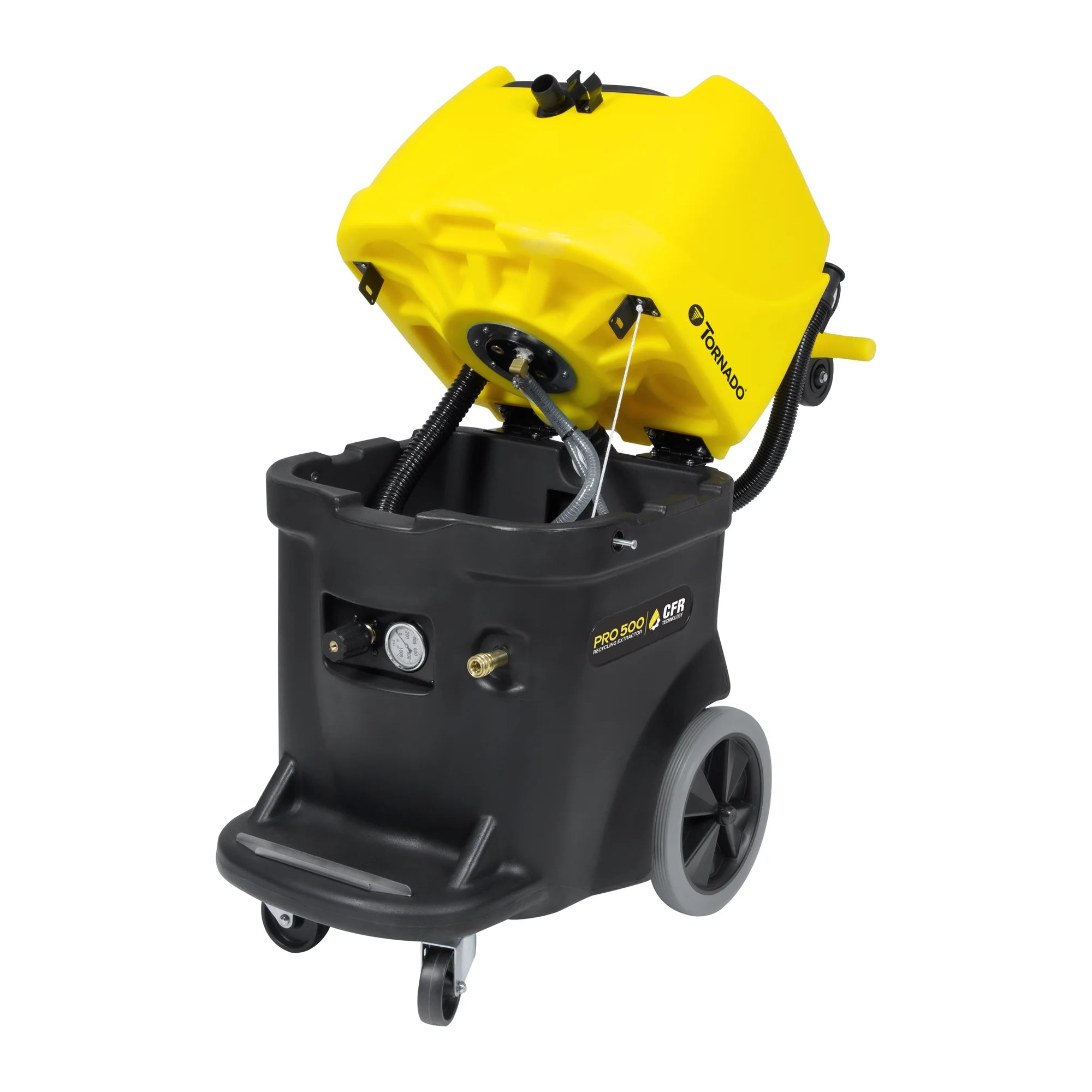 Tornado Pro 500 recycling carpet extractor with the tank lid tilted open for cleaning