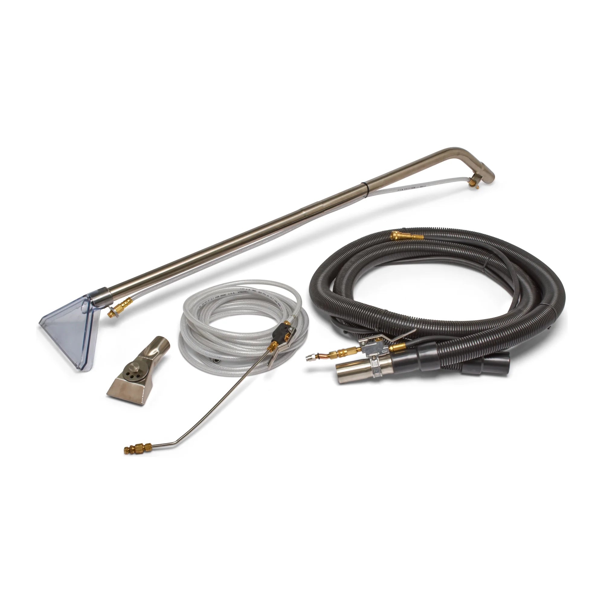 Tools included with the Tornado Pro Spotter Deluxe portable carpet spotter: carpet wand, pre-spray wand, detail tool and hoses
