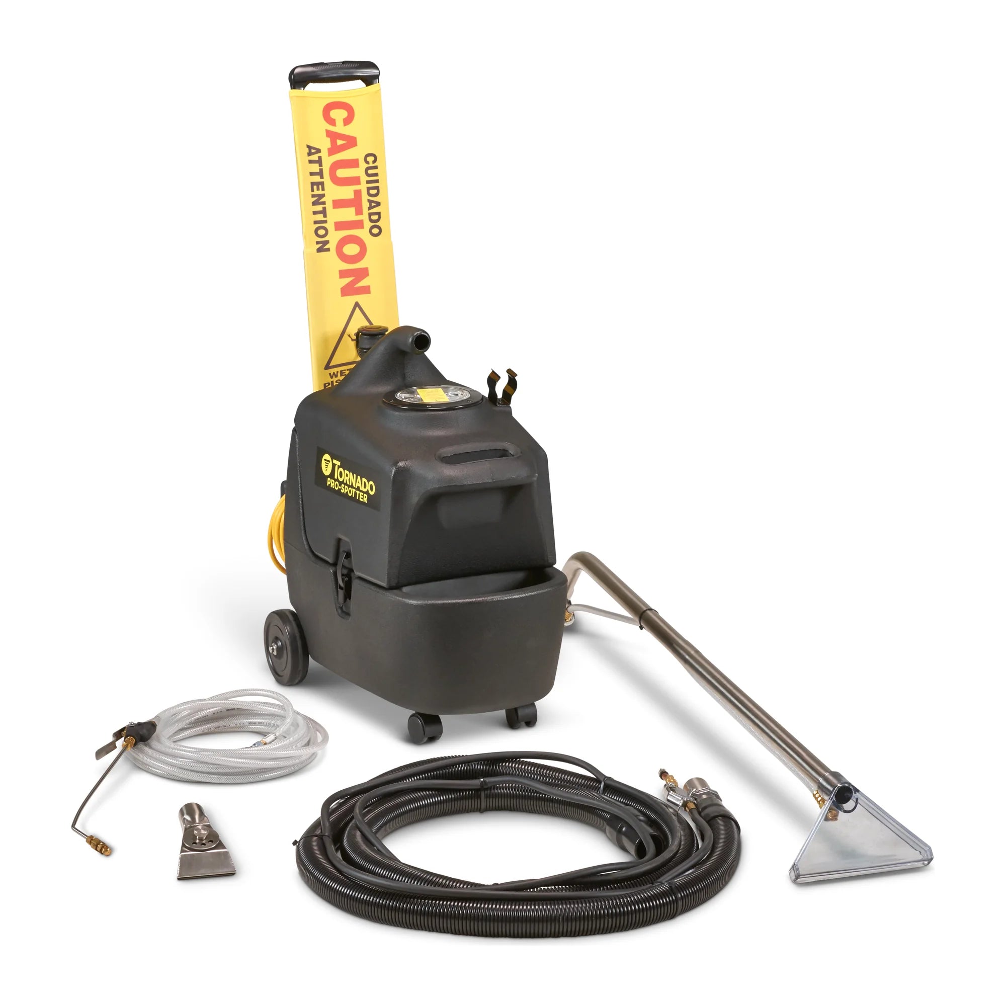 Tornado Pro Spotter Deluxe portable carpet spotter with the caution sign fitted to the handle