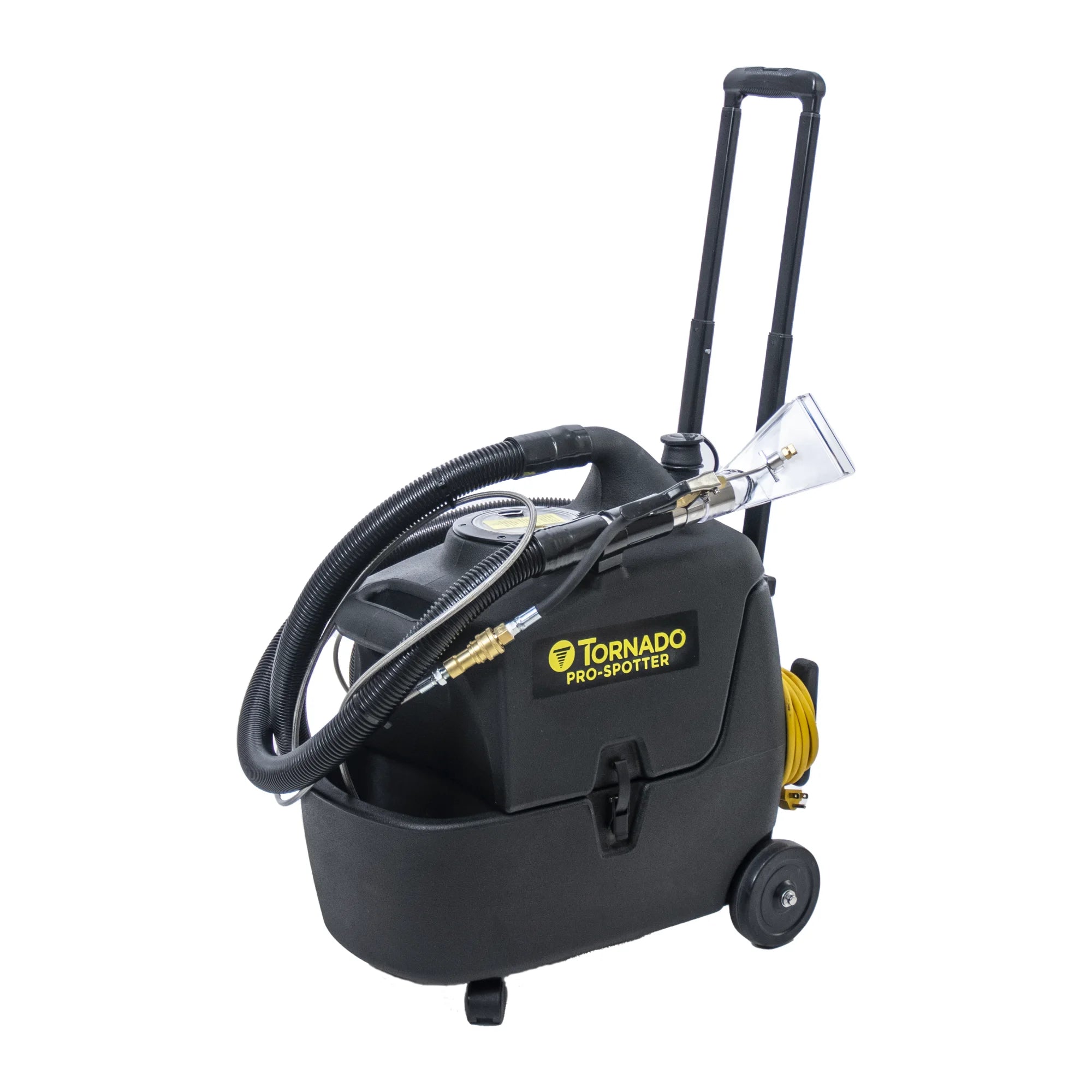 Tornado Pro Spotter portable carpet spotter, front left angle view on white with hose and hand tool