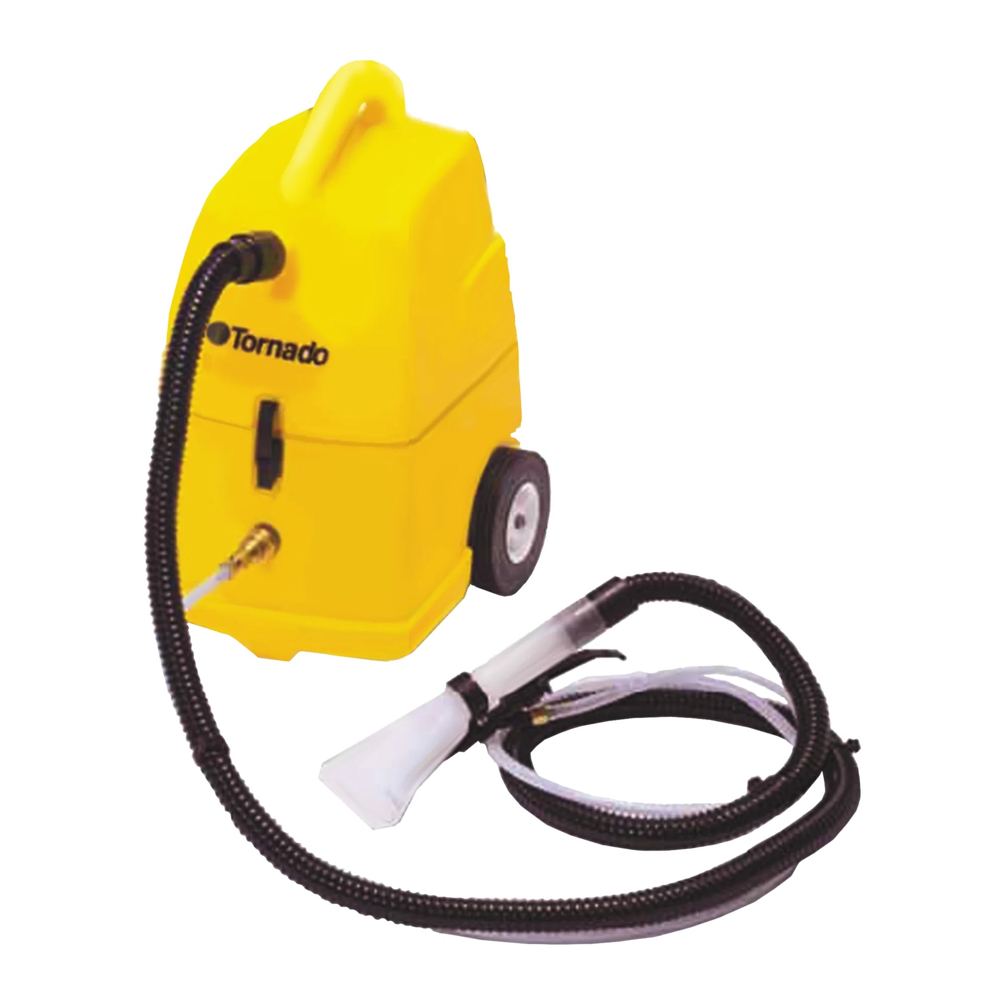 Tornado PS Spotter portable carpet spotter, left angle view on white with its hose and clear hand tool