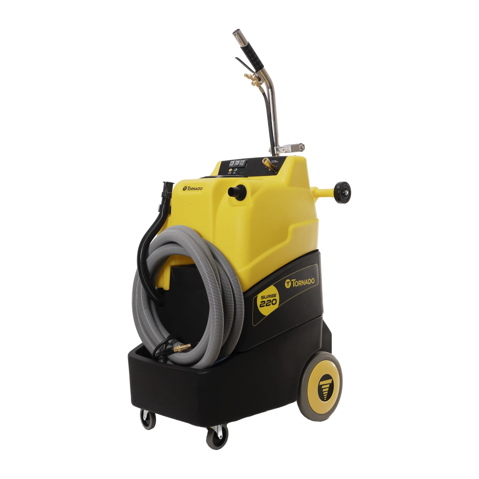 Tornado Surge 220 heated carpet extractor, front right angle view with the hose and wand stored on board