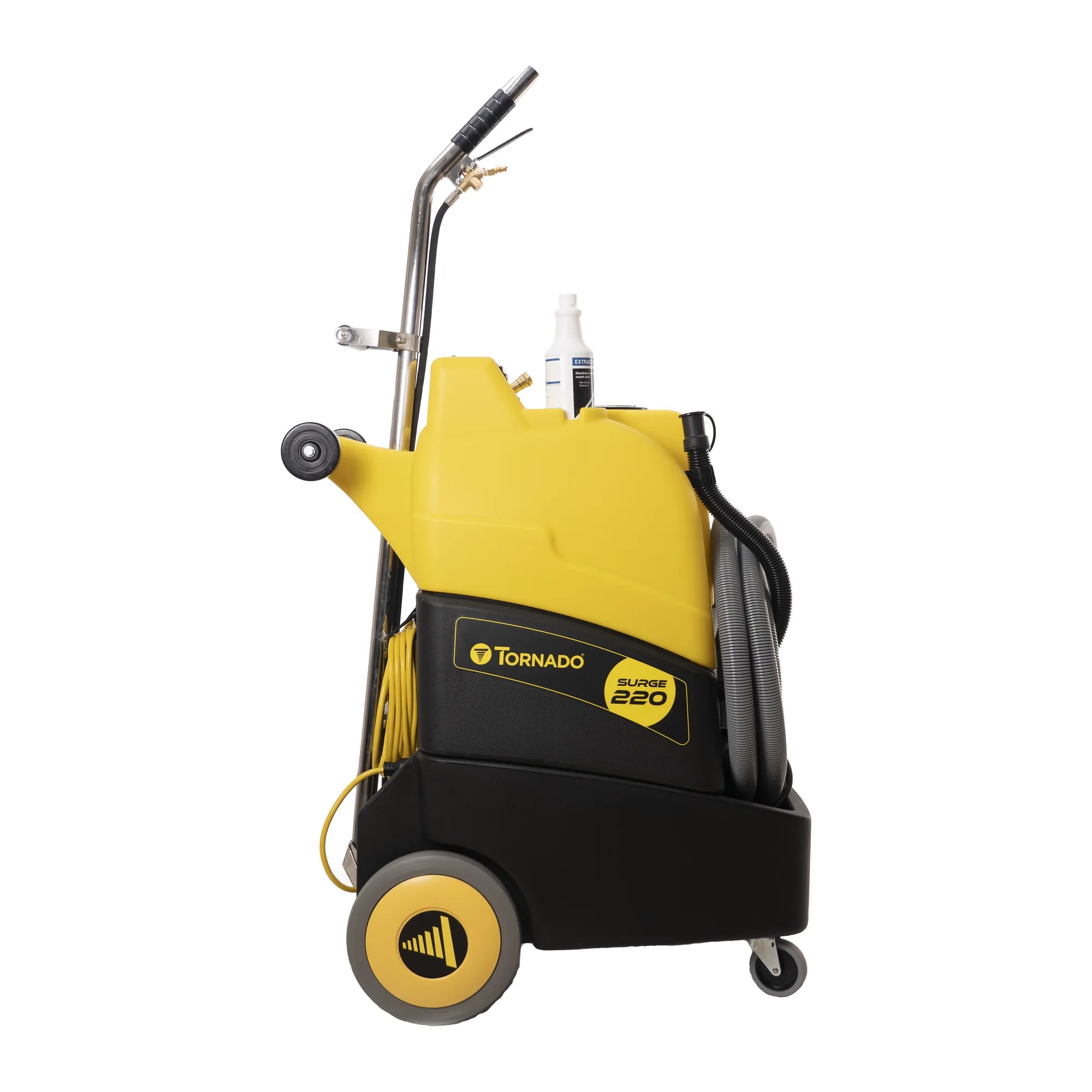 Tornado Surge 220 heated carpet extractor, left side view with the hose and wand stored on board