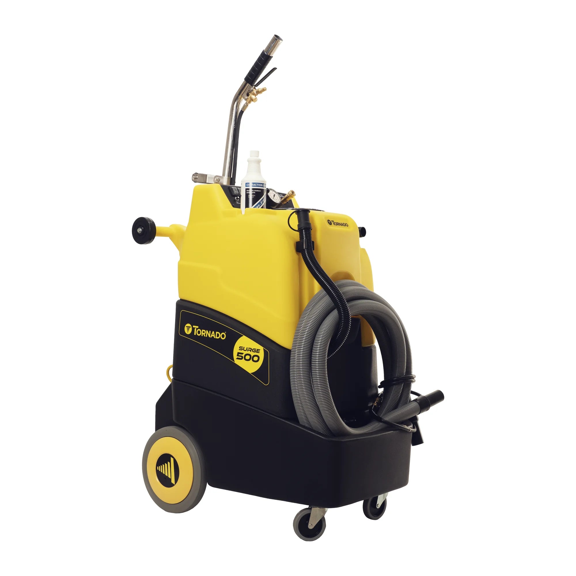 Tornado Surge 500 heated carpet extractor, front left angle view with the hose and wand stored on board