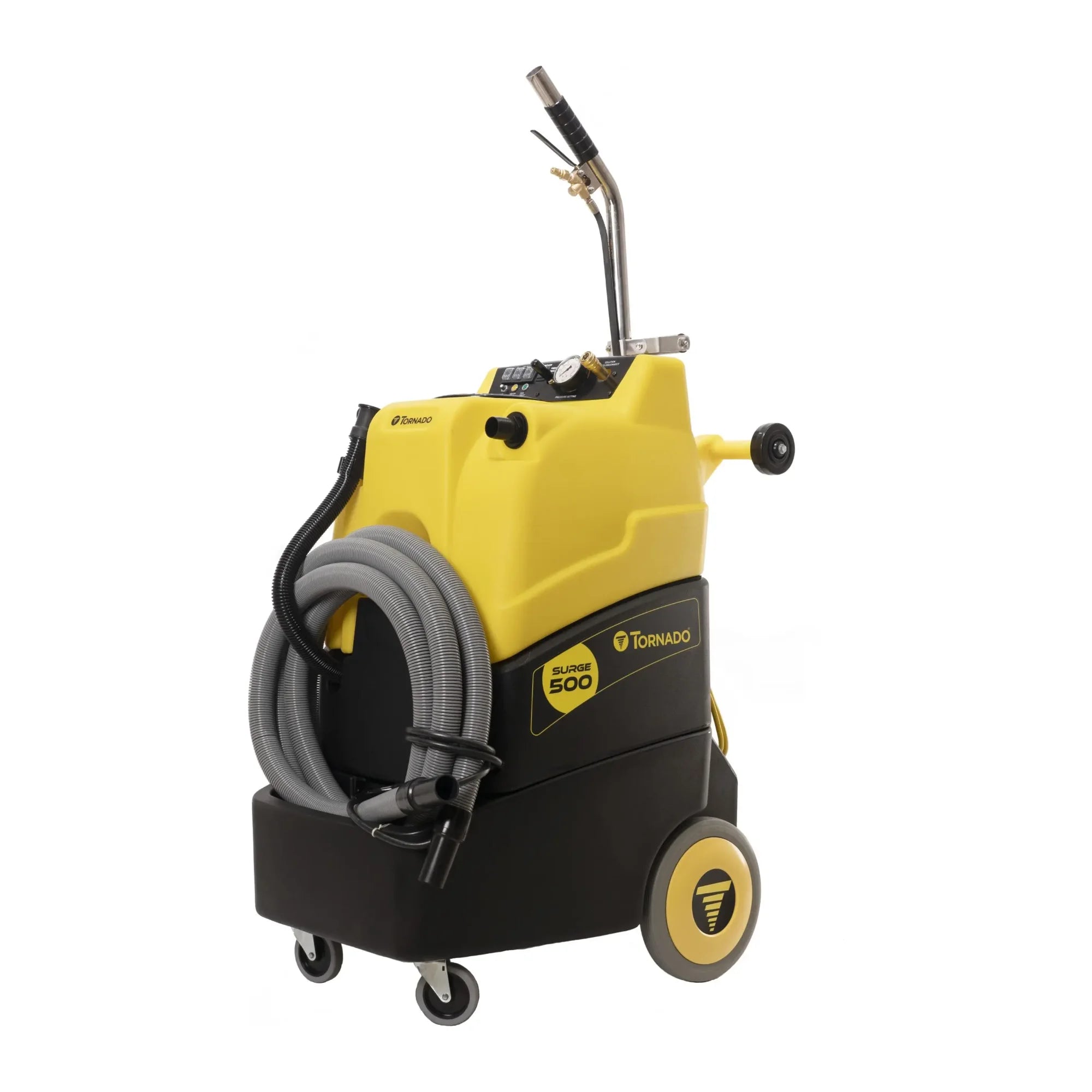 Tornado Surge 500 heated carpet extractor, front right angle view on white, with the hose and wand stored on board