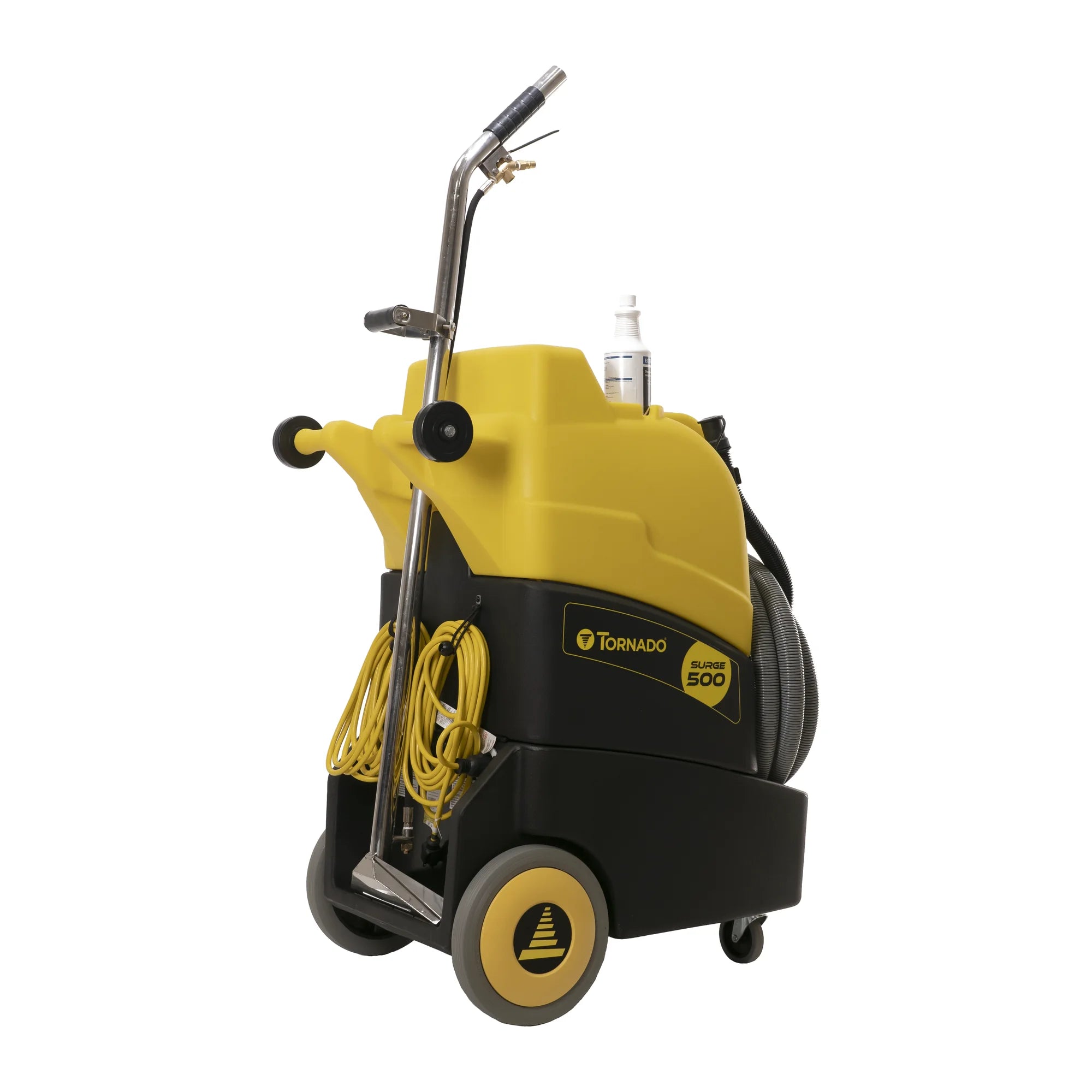 Tornado Surge 500 heated carpet extractor, rear right angle view showing the stored hose and wand