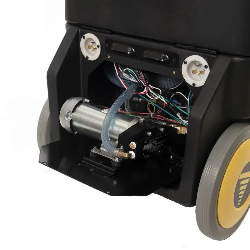 Rear service panel of a Tornado Surge carpet extractor opened, showing the internal pump and wiring