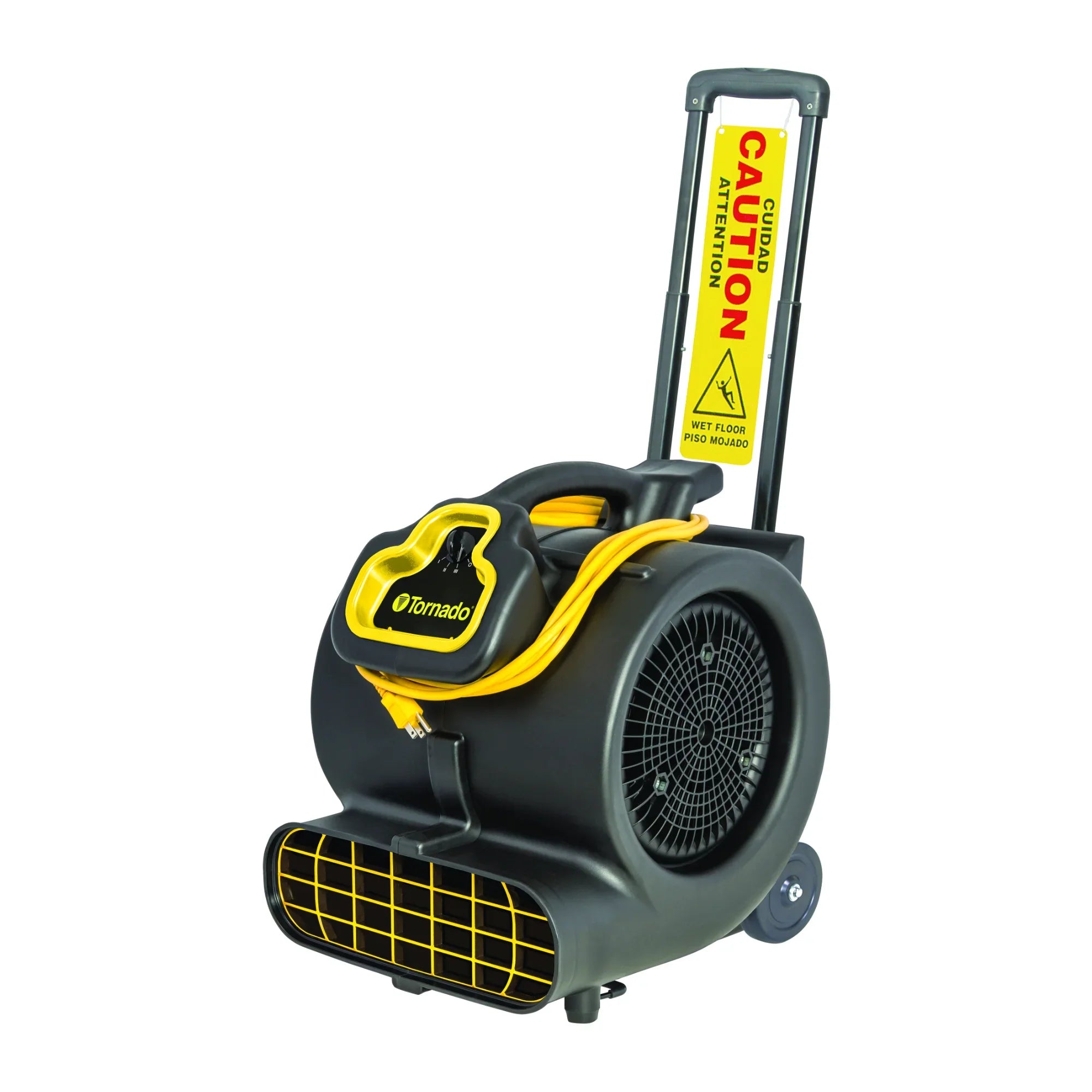 Tornado Windshear 3200 Safety floor dryer with its extendable handle raised and the yellow caution sleeve fitted
