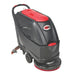 Viper AS5160 walk-behind floor scrubber with pad driver, black body and red recovery tank lid, front right angle on a white background