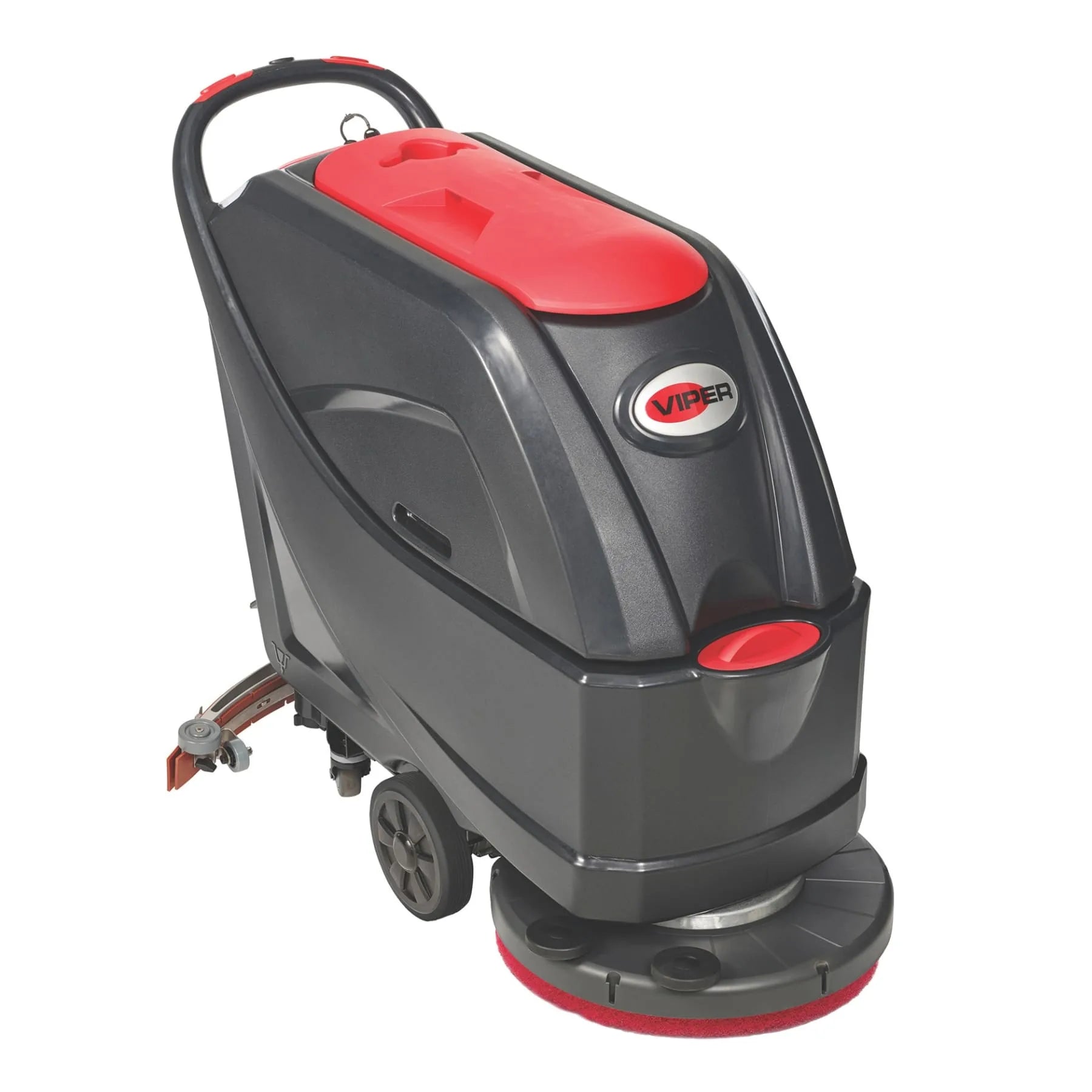 Viper AS5160T walk-behind floor scrubber with pad driver, black body and red recovery tank lid, front right angle on a white background